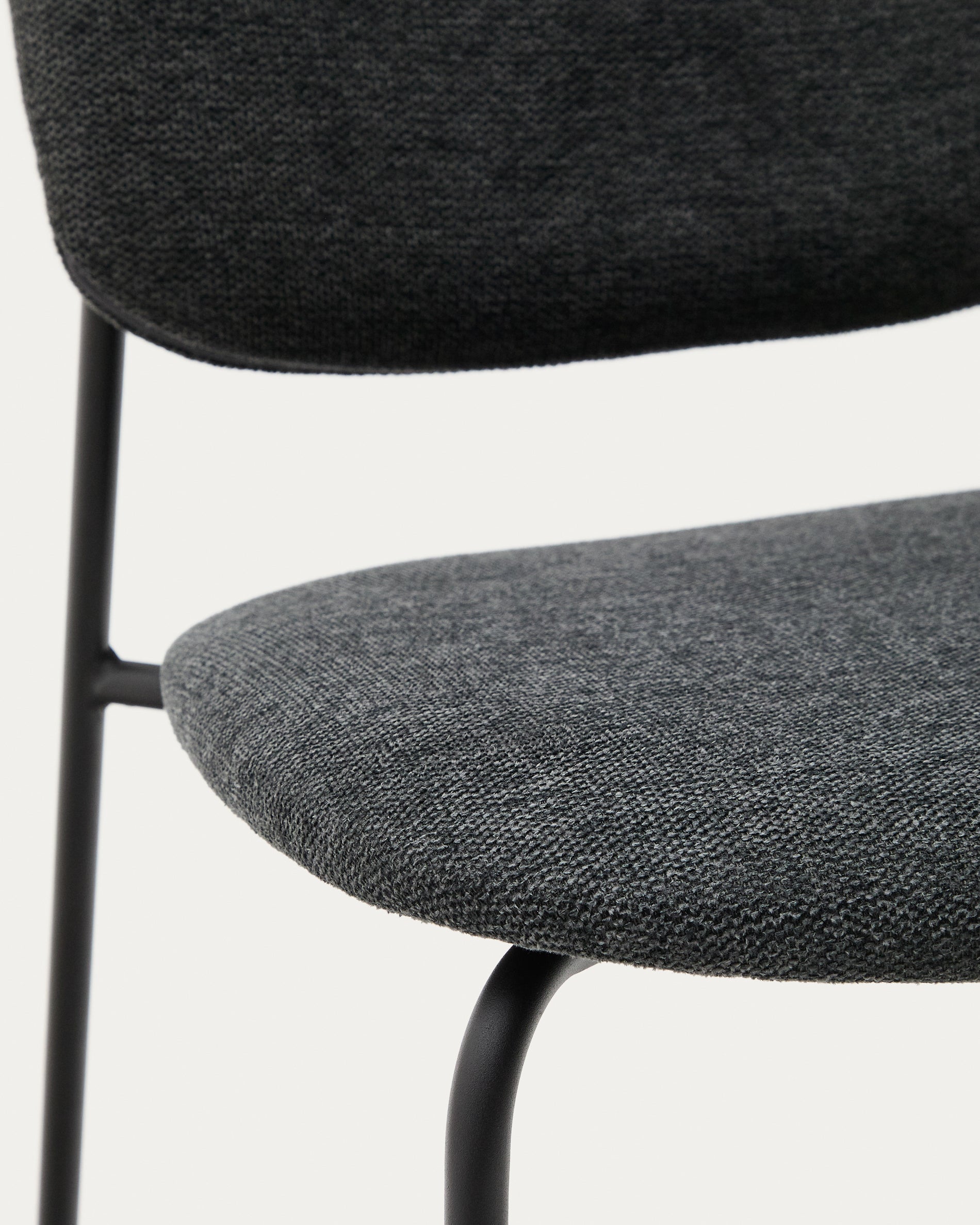 Meli stackable chair in grey chenille with grey metal legs FSC Mix Credit - Detail