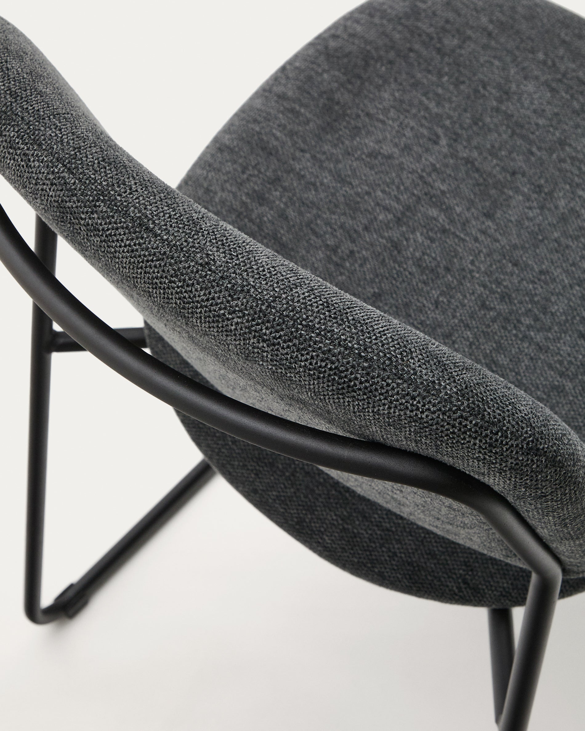 Meli stackable chair in grey chenille with grey metal legs FSC Mix Credit - Detail