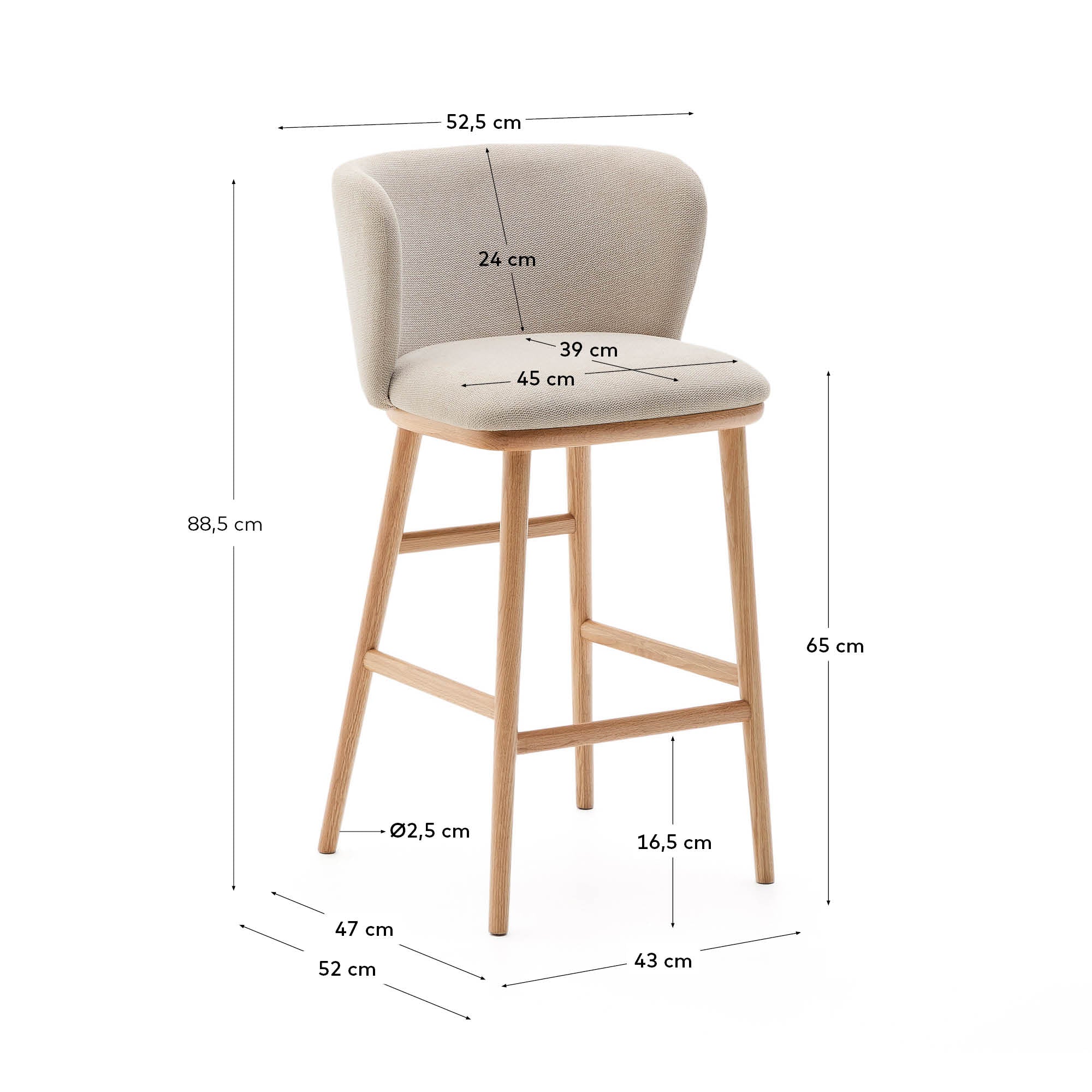 Ciselia stool beige chenille and solid ash wood natural tone finish FSC Mix Credit 65 cm - Measurements