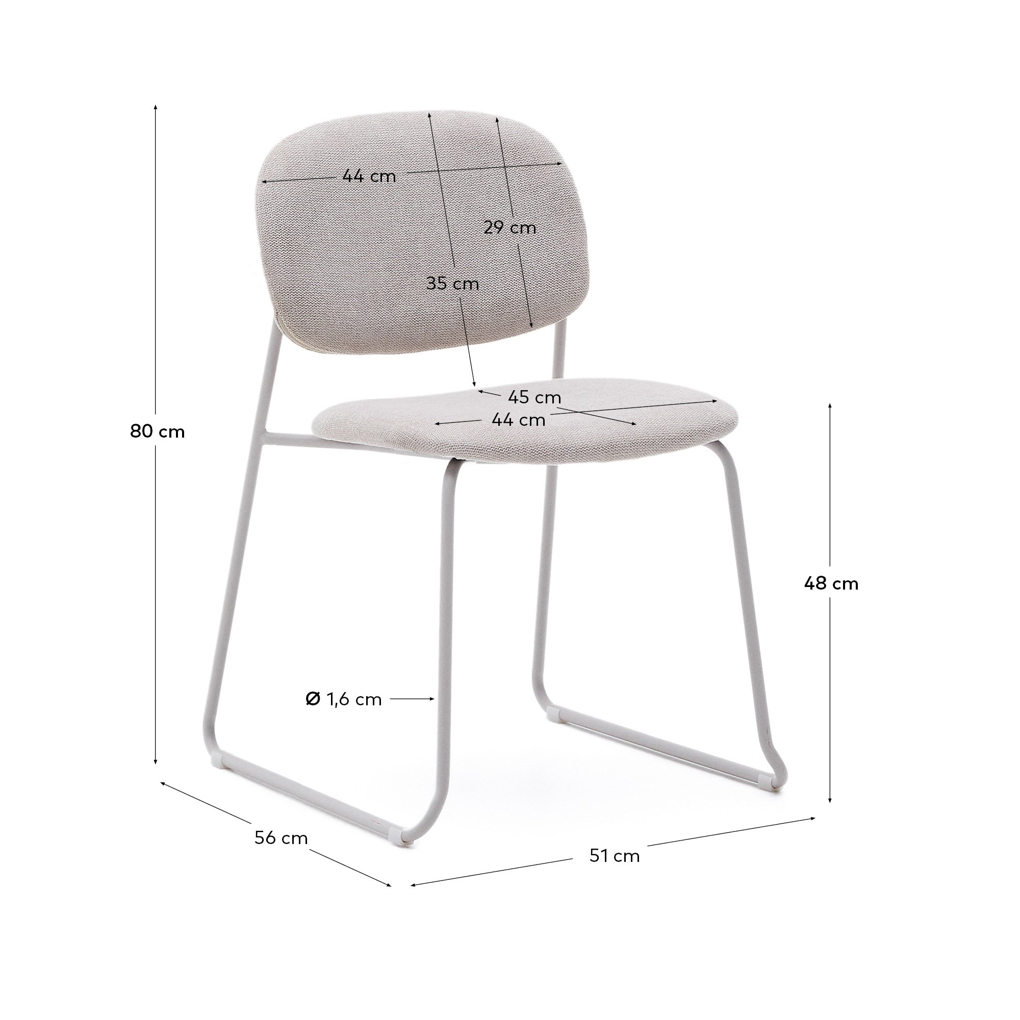 Meli stackable chair in beige chenille with beige metal legs FSC Mix Credit - Measurements