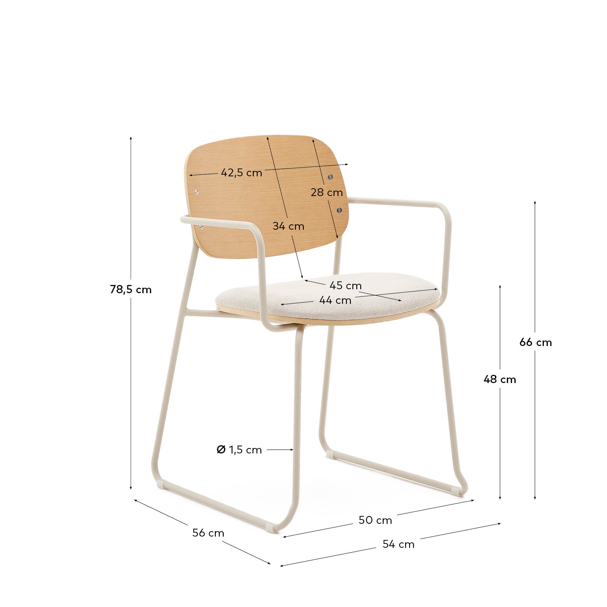 Meli chair in ash veneer with beige chenille seat and beige metal structure FSC Mix Credit - Measurements