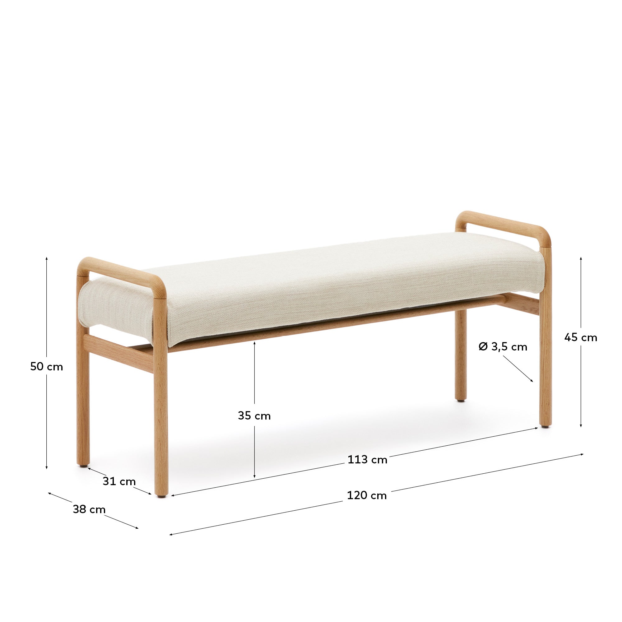 Macaret bench with removable cover solid oak wood with natural finish 120 cm FSC Mix Credit - Measurements