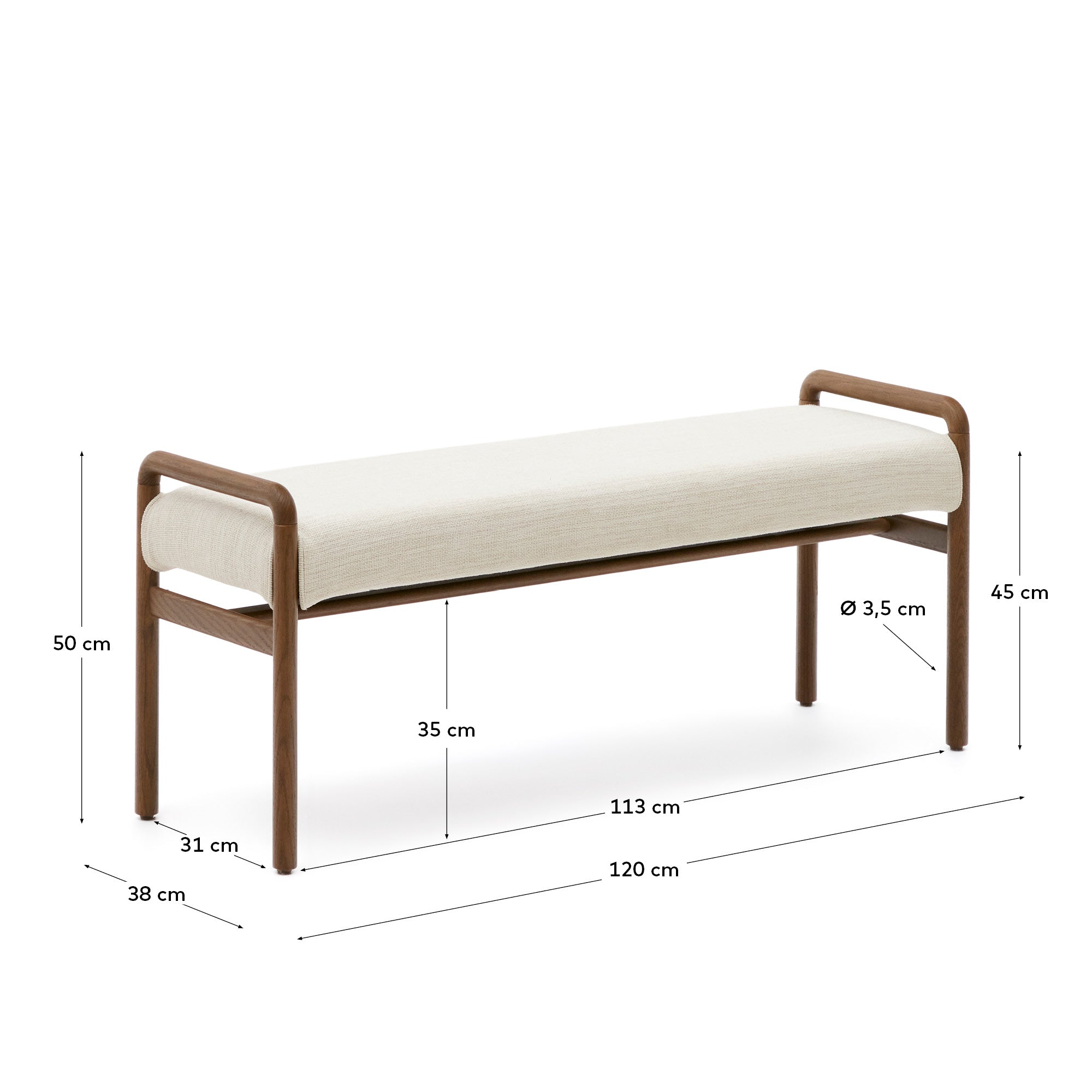 Macaret bench with removable cover solid oak wood with walnut finish 120 cm FSC Mix Credit - Measurements