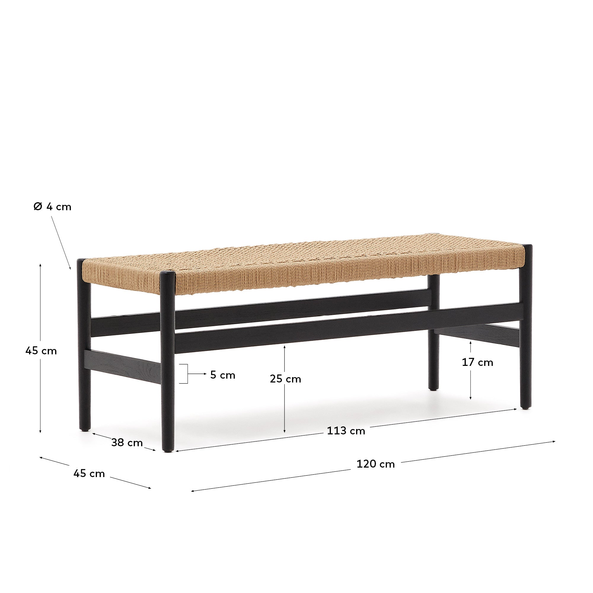 Zaide bench made of solid oak wood in a black finish and rope cord seat, 120 cm, FSC 100% - Measurements