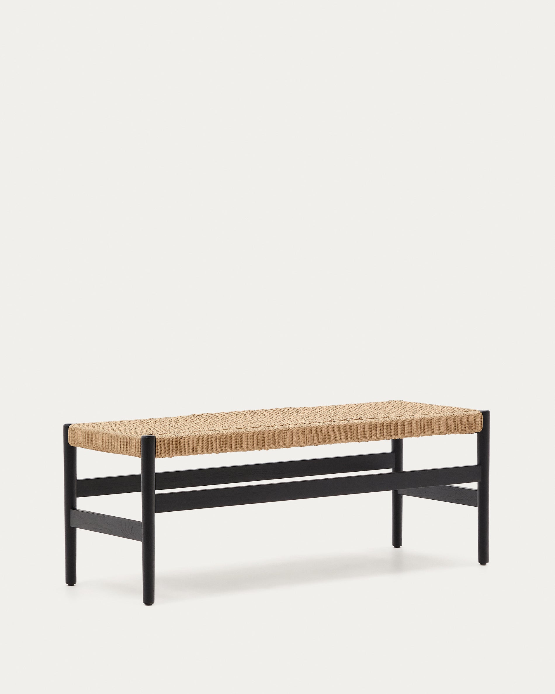 Zaide bench made of solid oak wood in a black finish and rope cord seat, 120 cm, FSC 100% - Product View