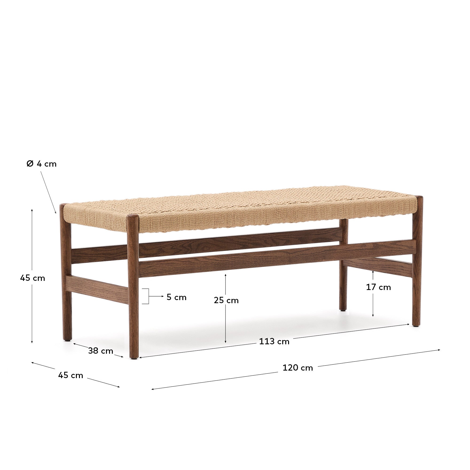 Zaide bench made of solid oak wood in a walnut finish and rope cord seat, 120 cm, FSC 100% - Measurements
