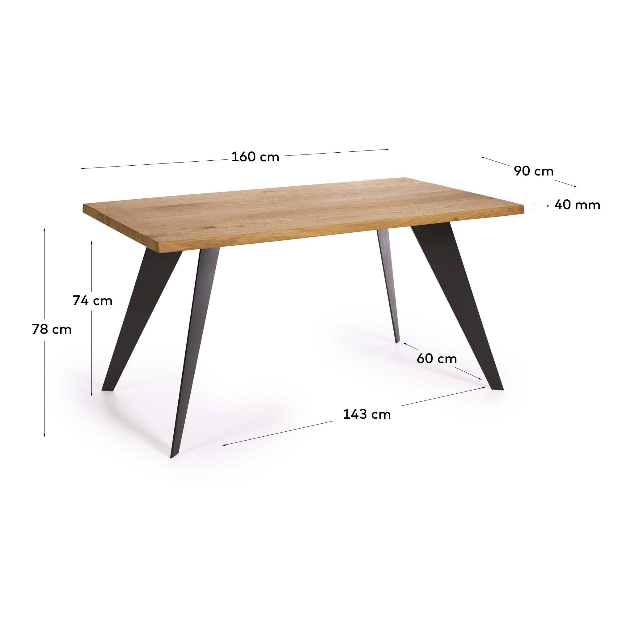 Koda oak veneer table with natural finish and steel legs with black finish 160 x 90 cm - Measurements