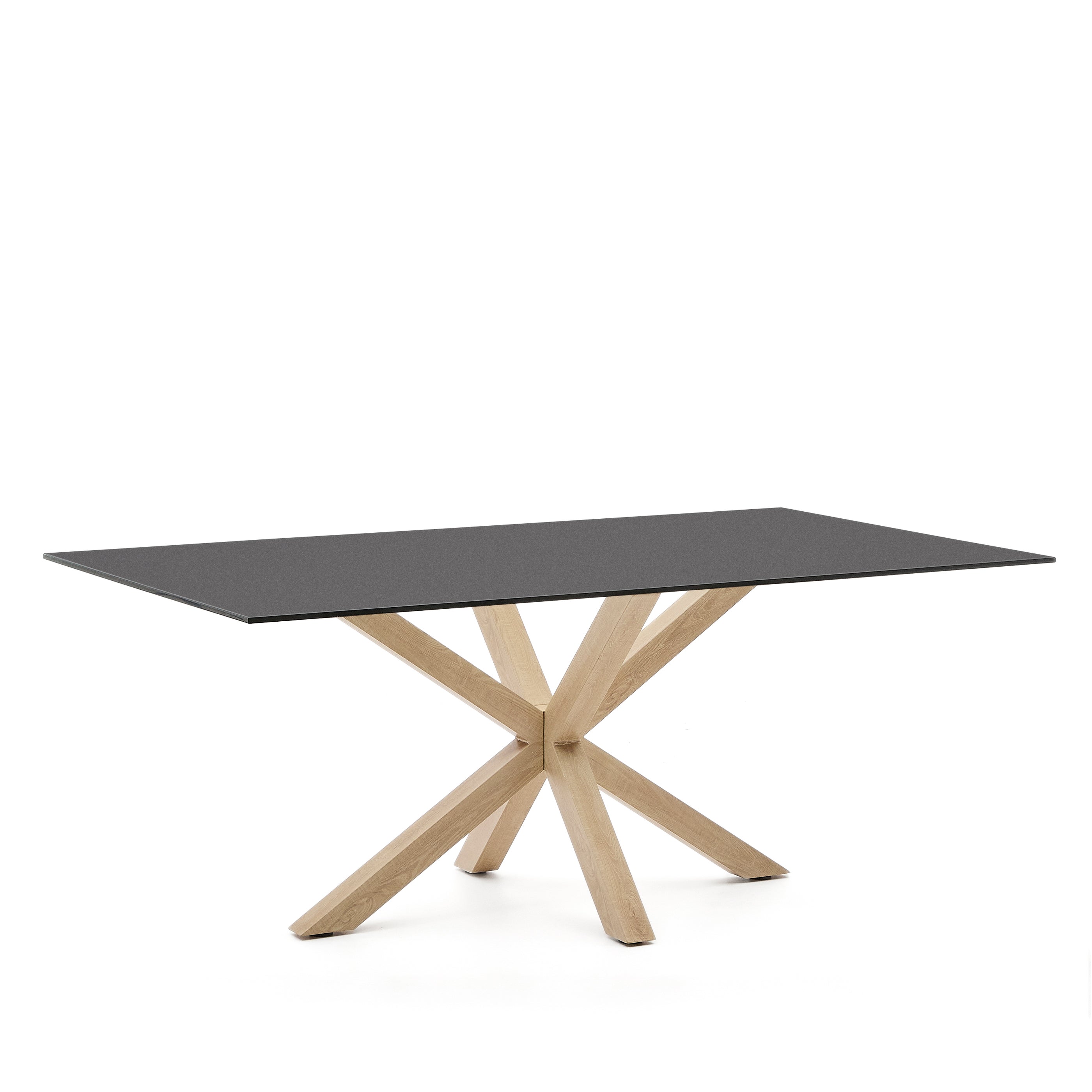 Argo table with black glass and steel legs, wood finish 200 x 100 cm