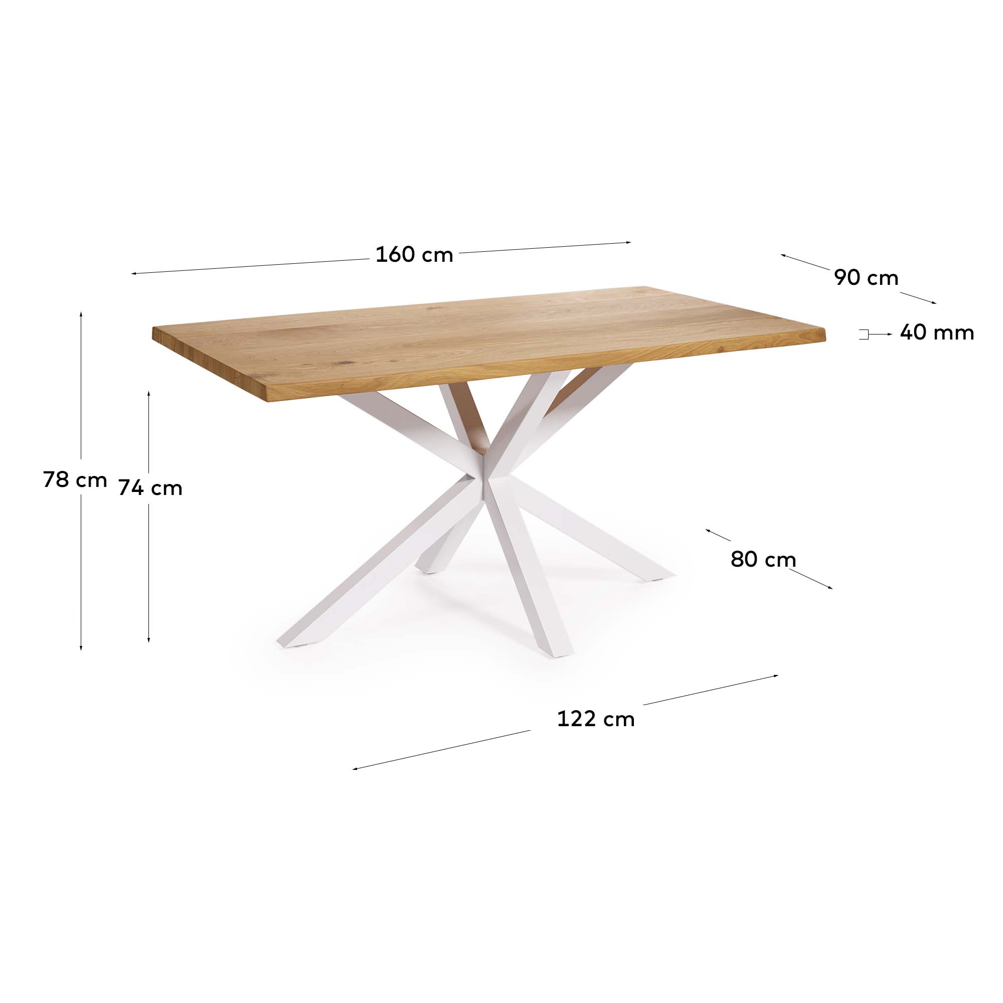 Argo oak veneer table with natural finish and steel legs with white finish 160 x 90 cm - Measurements