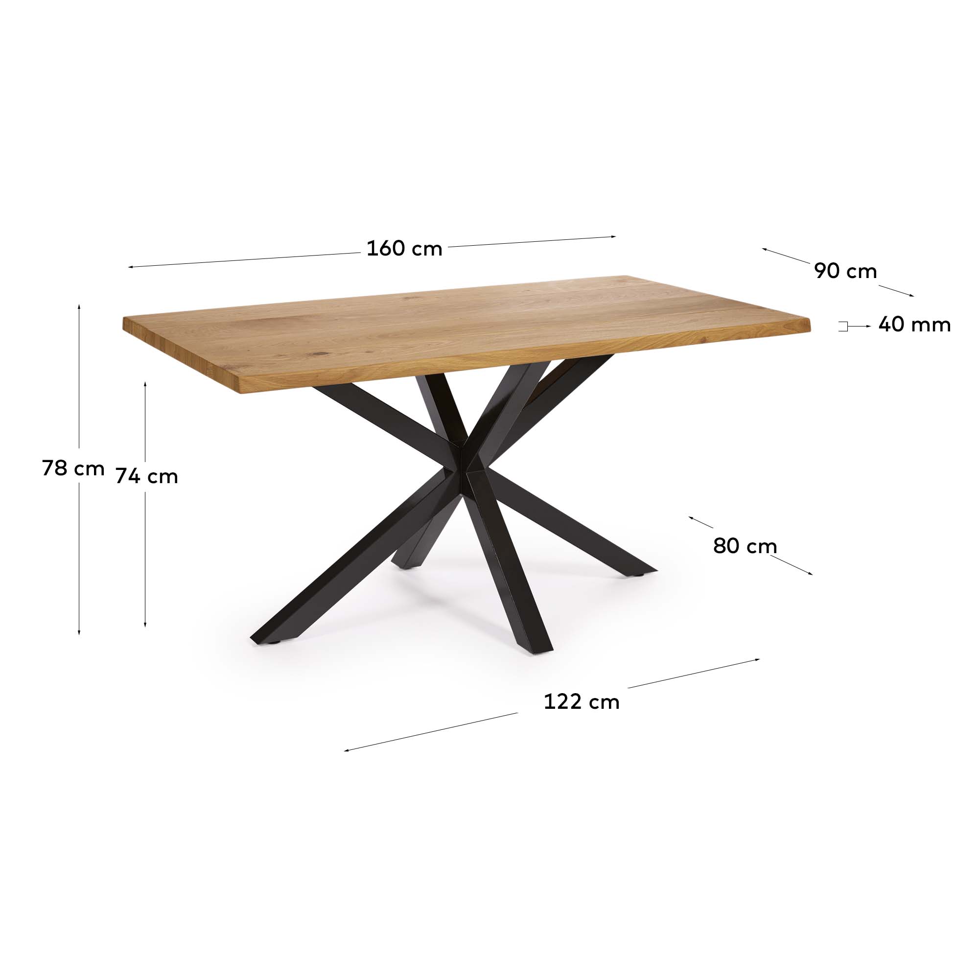 Argo oak veneer table with natural finish and steel legs with black finish 160 x 90 cm - Measurements