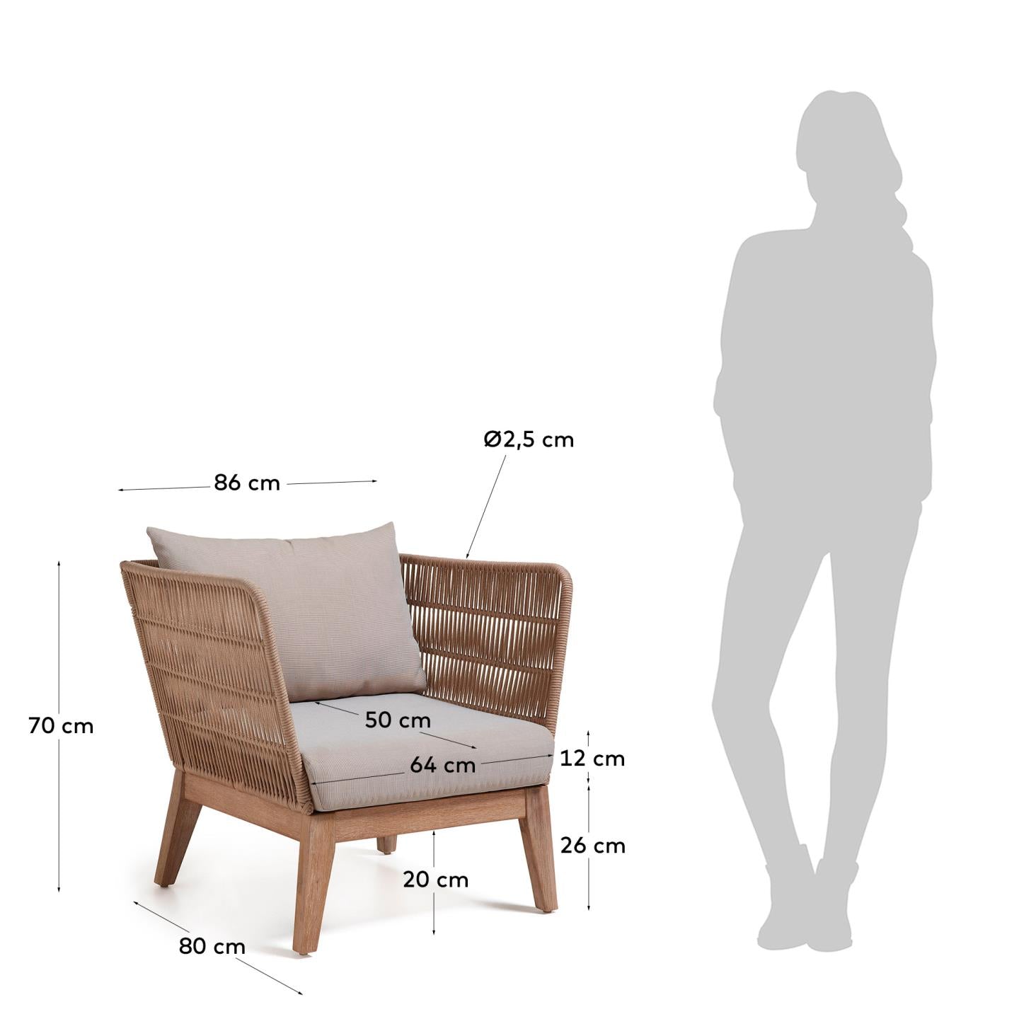 Belleny armchair in beige cord and solid acacia wood, FSC 100% - Measurements