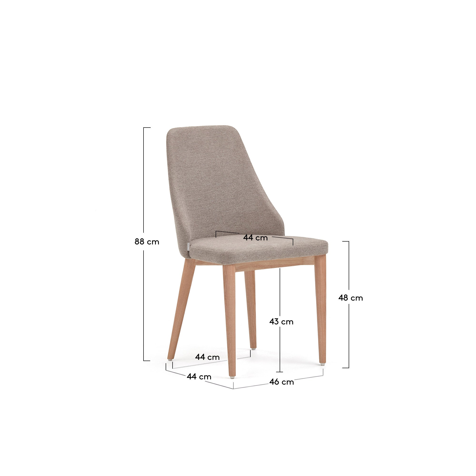 Rosie chair in brown chenille with solid ash wood legs in a natural finish - Measurements