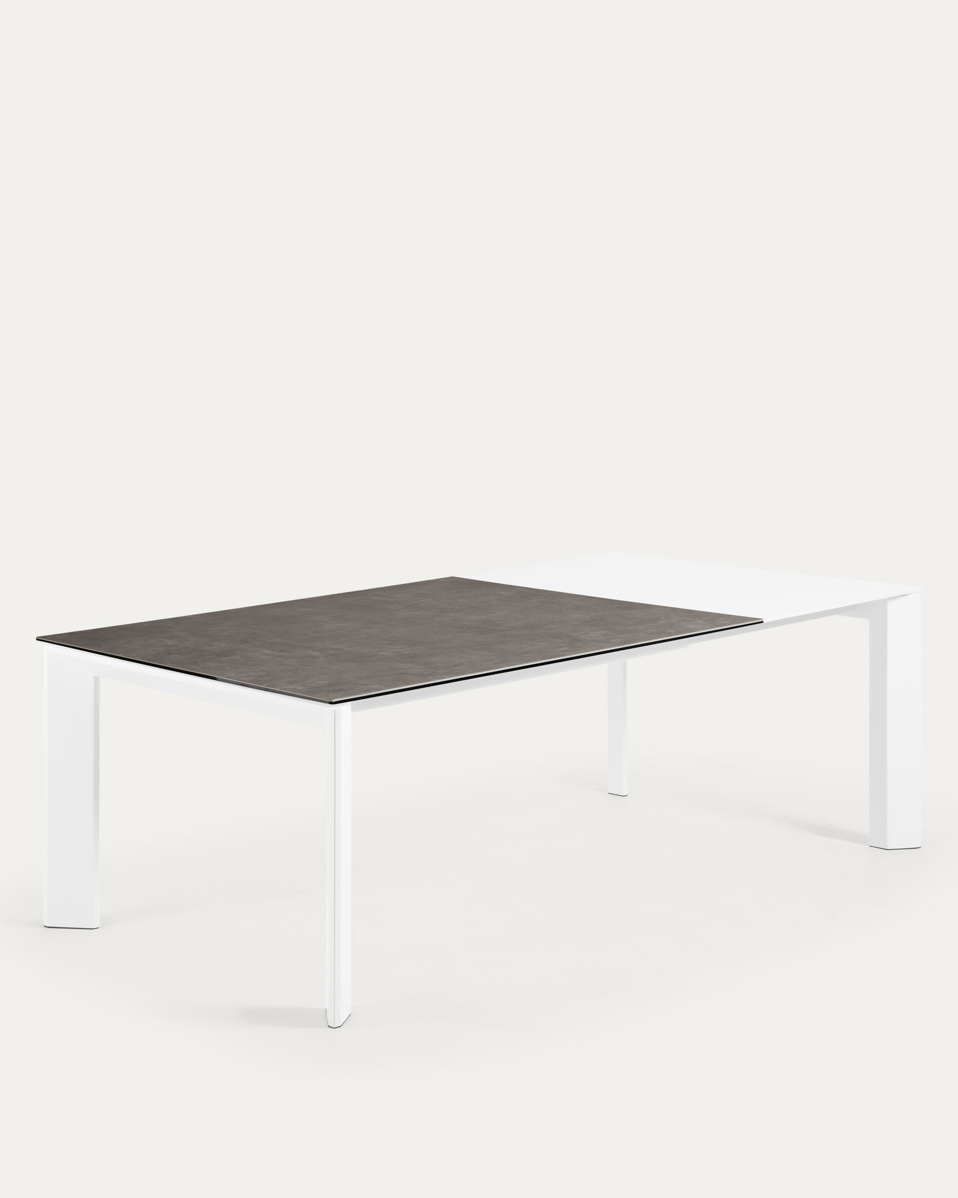 Axis extendable ceramic table with Vulcano Ceniza finish, white steel legs 160 (220) cm