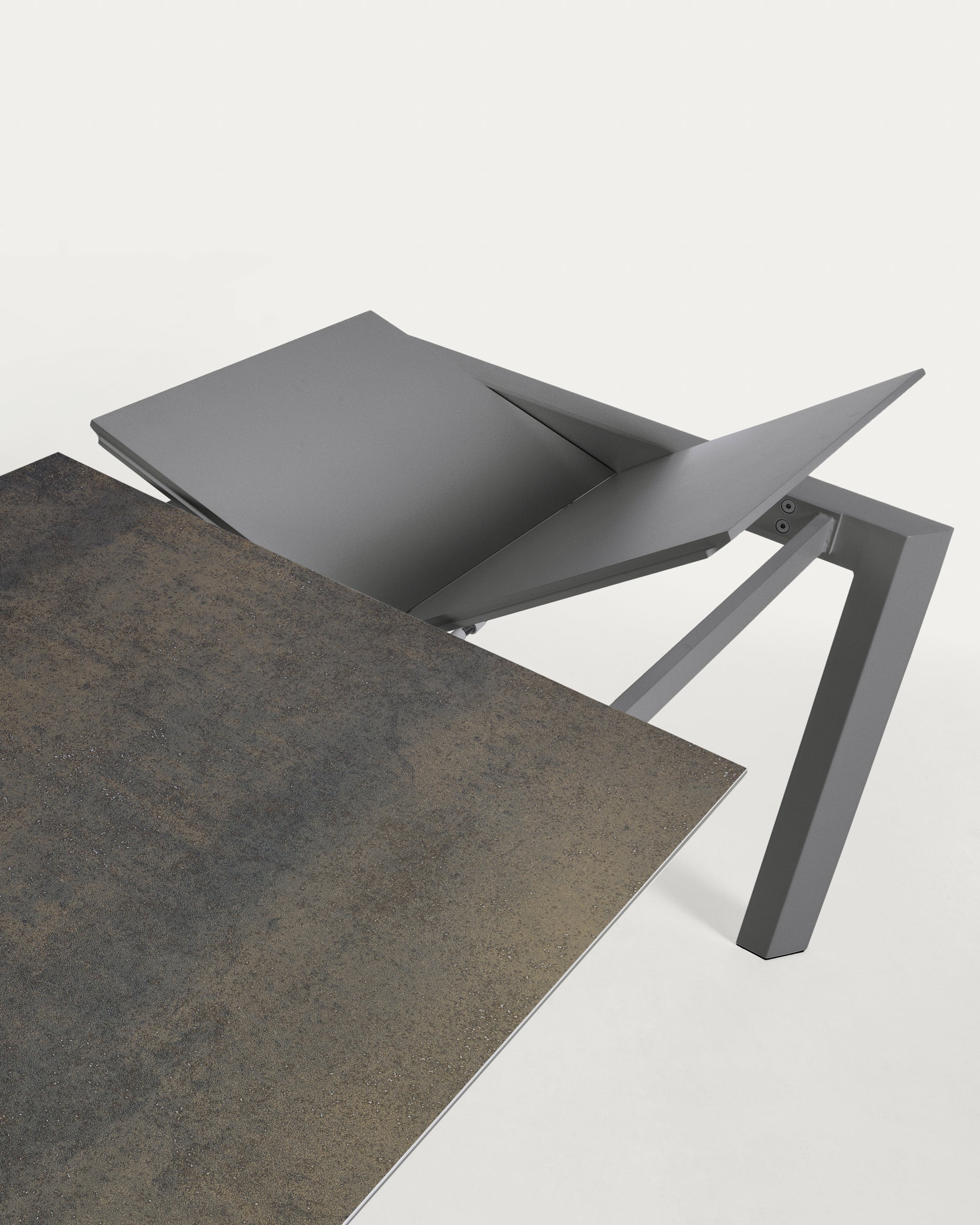 Axis porcelain extendable table with Iron Moss finish and anthracite steel legs 120 (180) cm