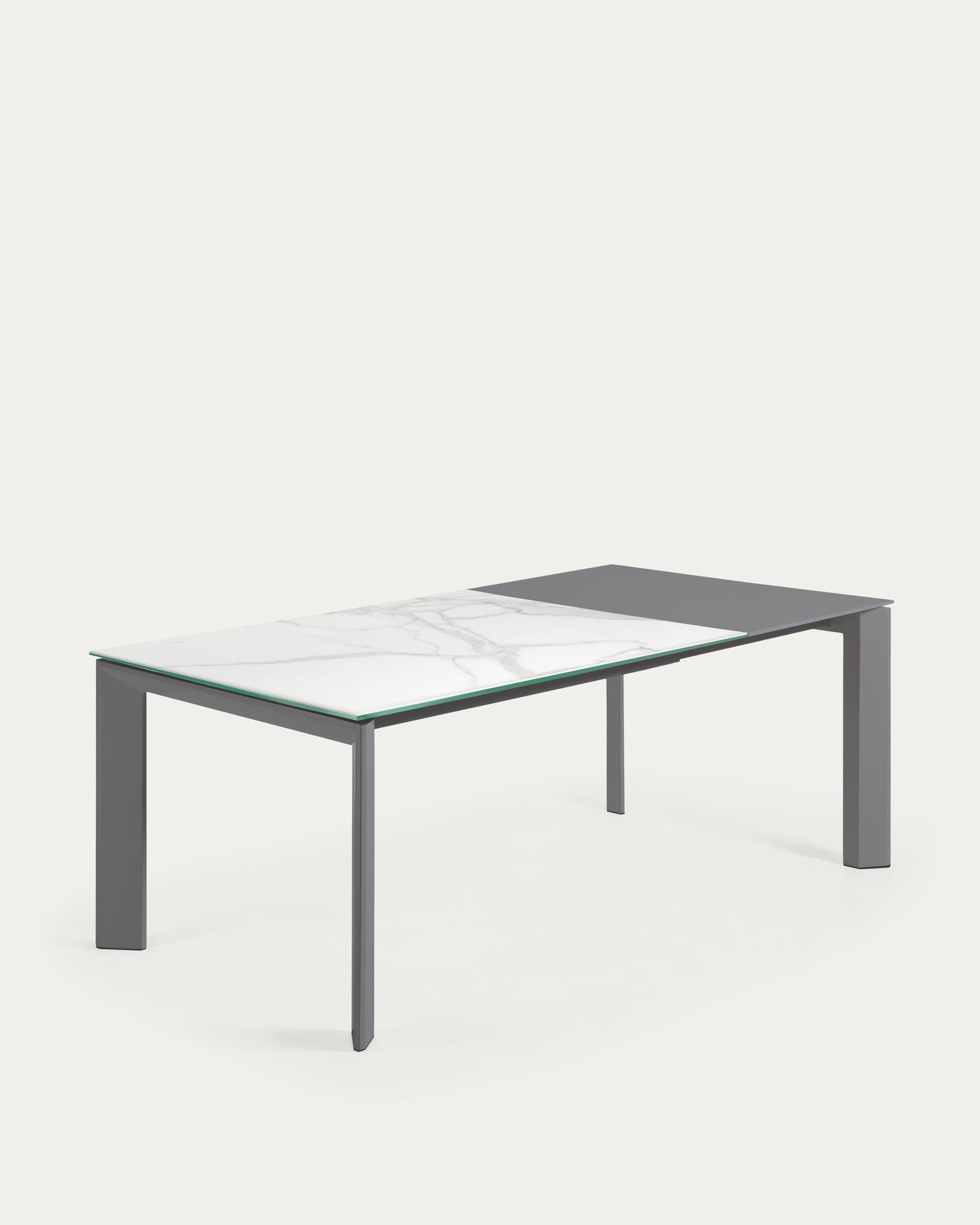 Axis extendable porcelain table with Kalos Blanco finish and dark gray steel legs, 140 (200) cm