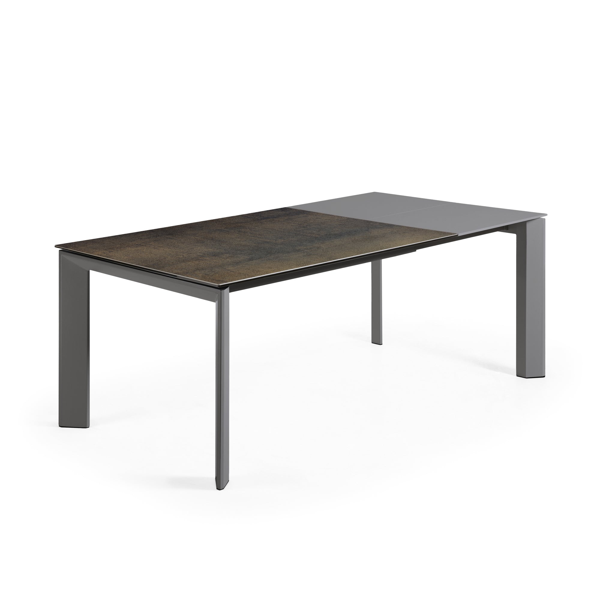 Axis extendable porcelain table with iron moss finish and dark gray steel legs, 140 (200) cm