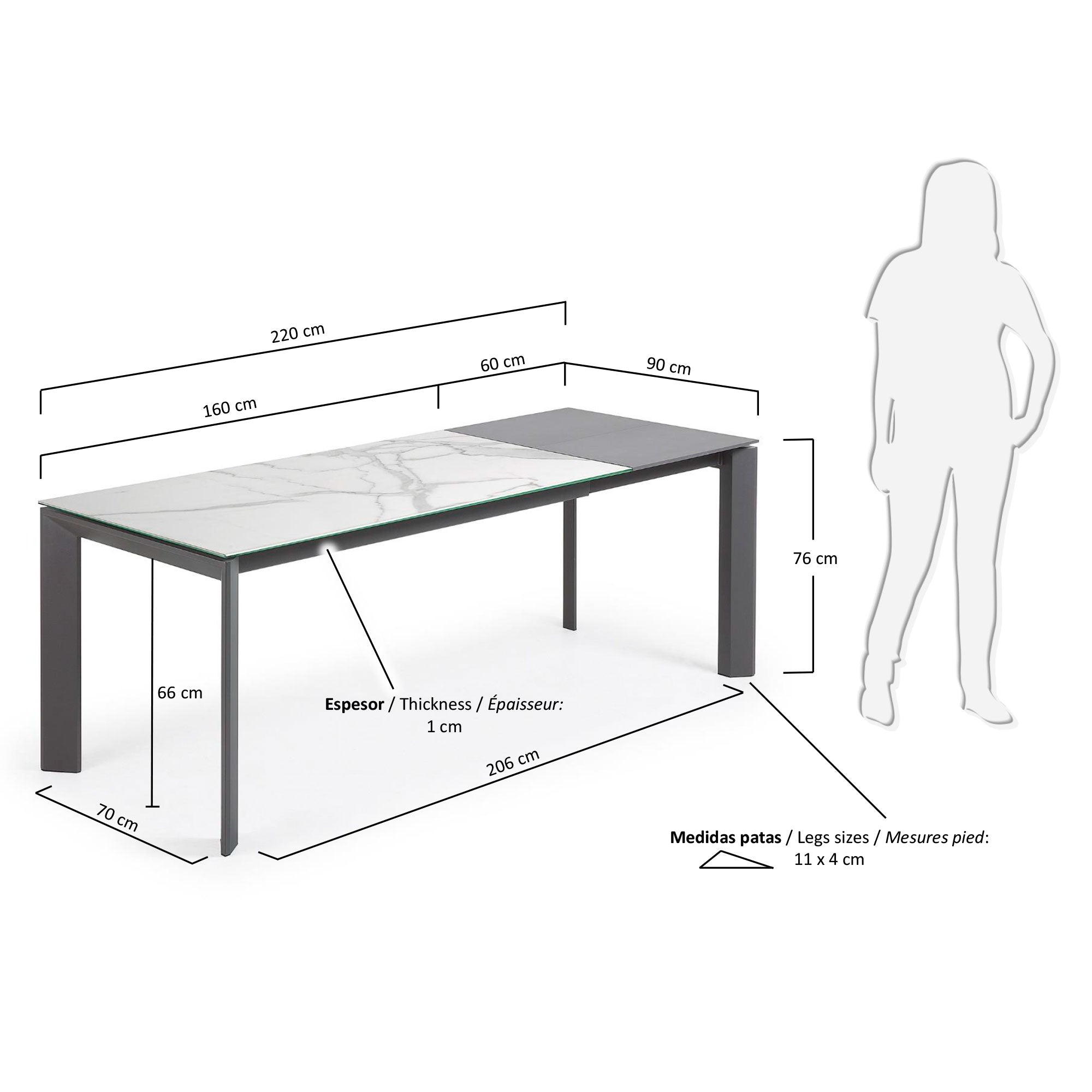 Axis porcelain extendable table in White Kalos finish with anthracite legs 160 (220) cm - Measurements