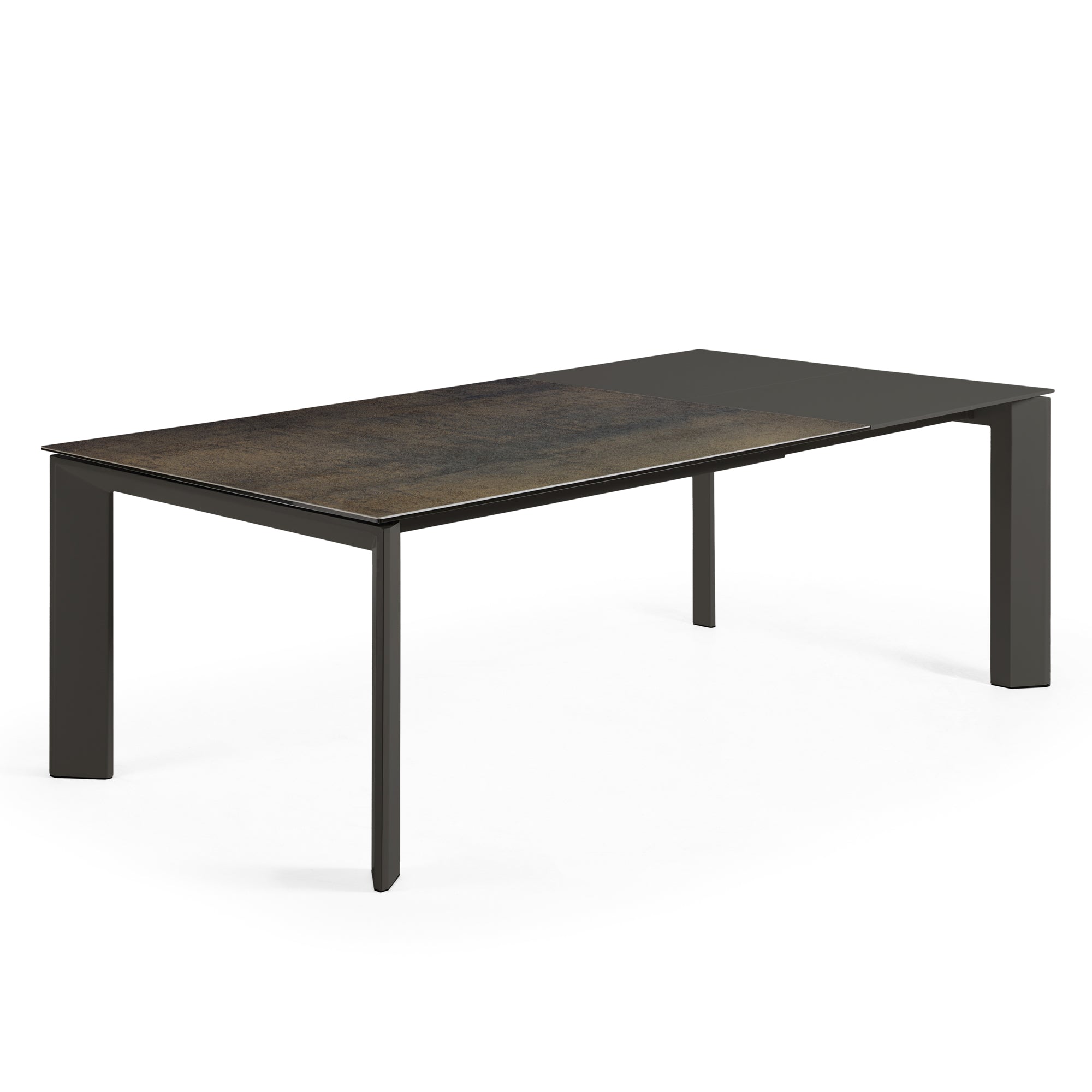 Axis extendable porcelain table with Iron Moss finish and black steel legs, 160 (220) cm