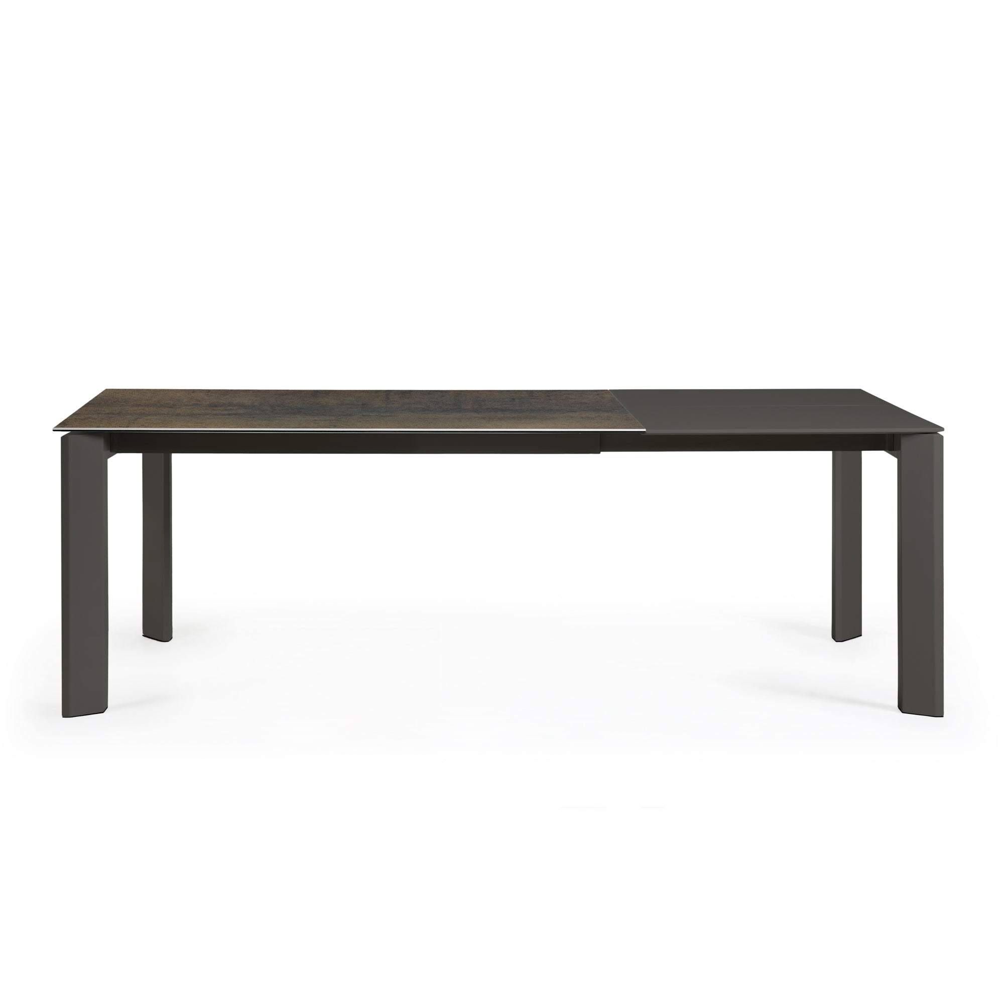 Axis extendable porcelain table with Iron Moss finish and black steel legs, 160 (220) cm