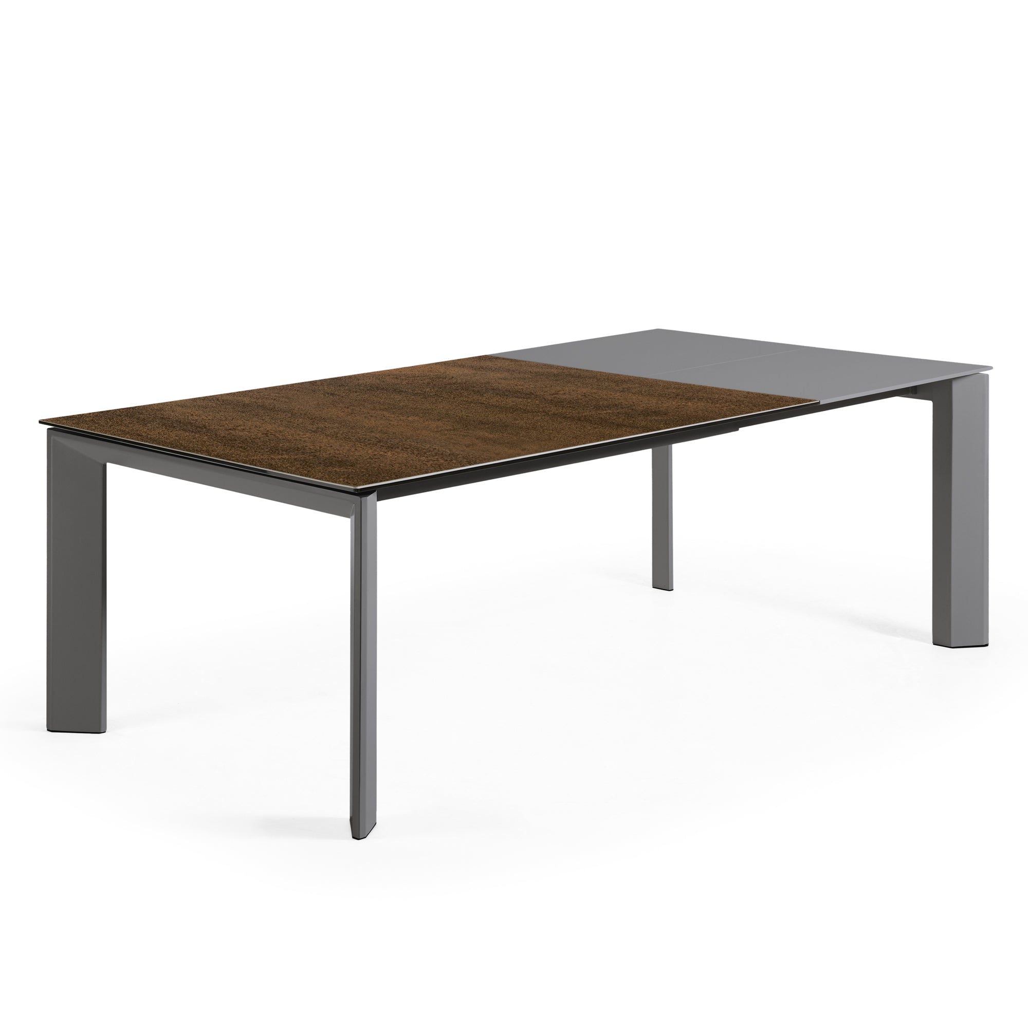 Axis extendable porcelain table with Iron Corten finish and dark gray steel legs, 160 (220) cm