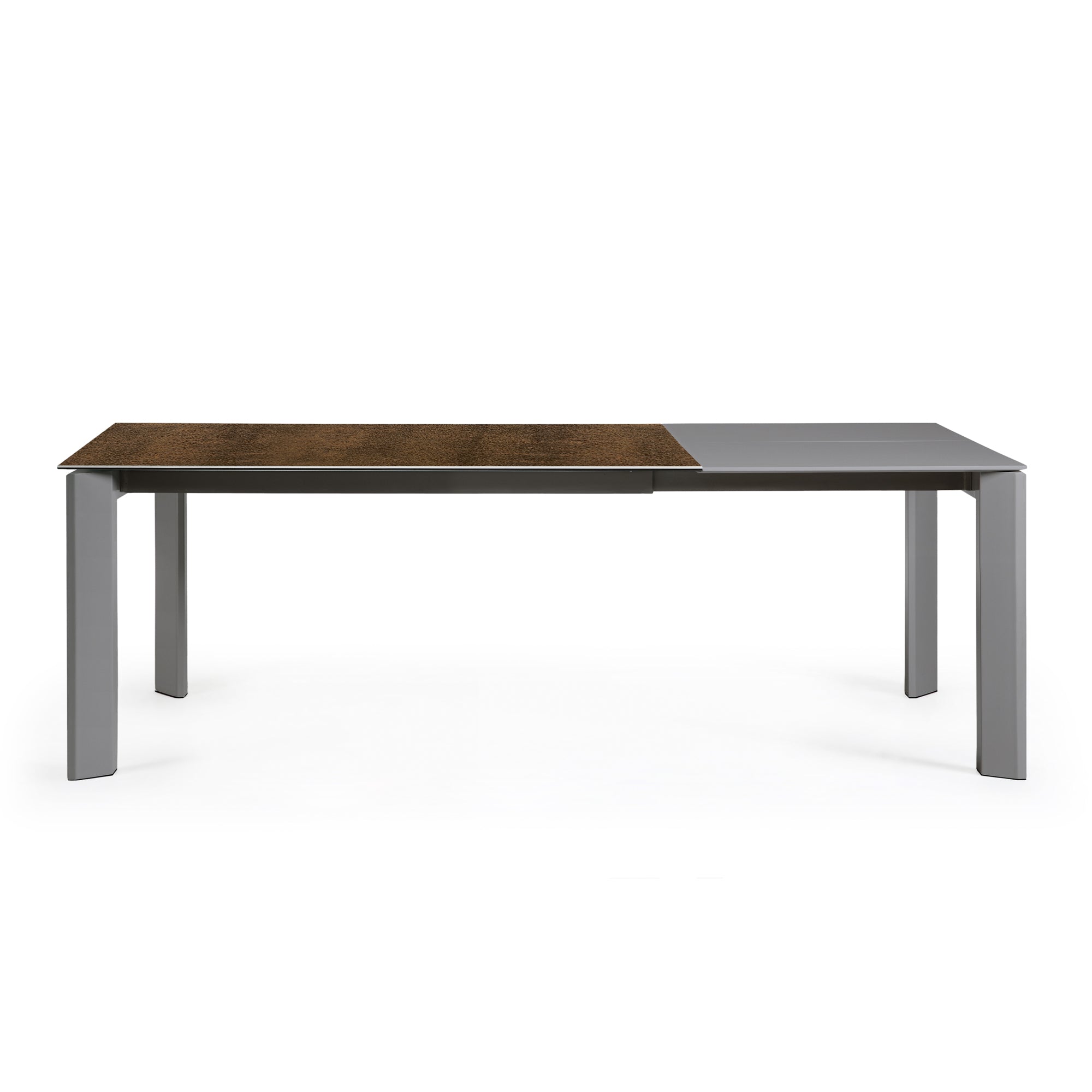 Axis extendable porcelain table with Iron Corten finish and dark gray steel legs, 160 (220) cm