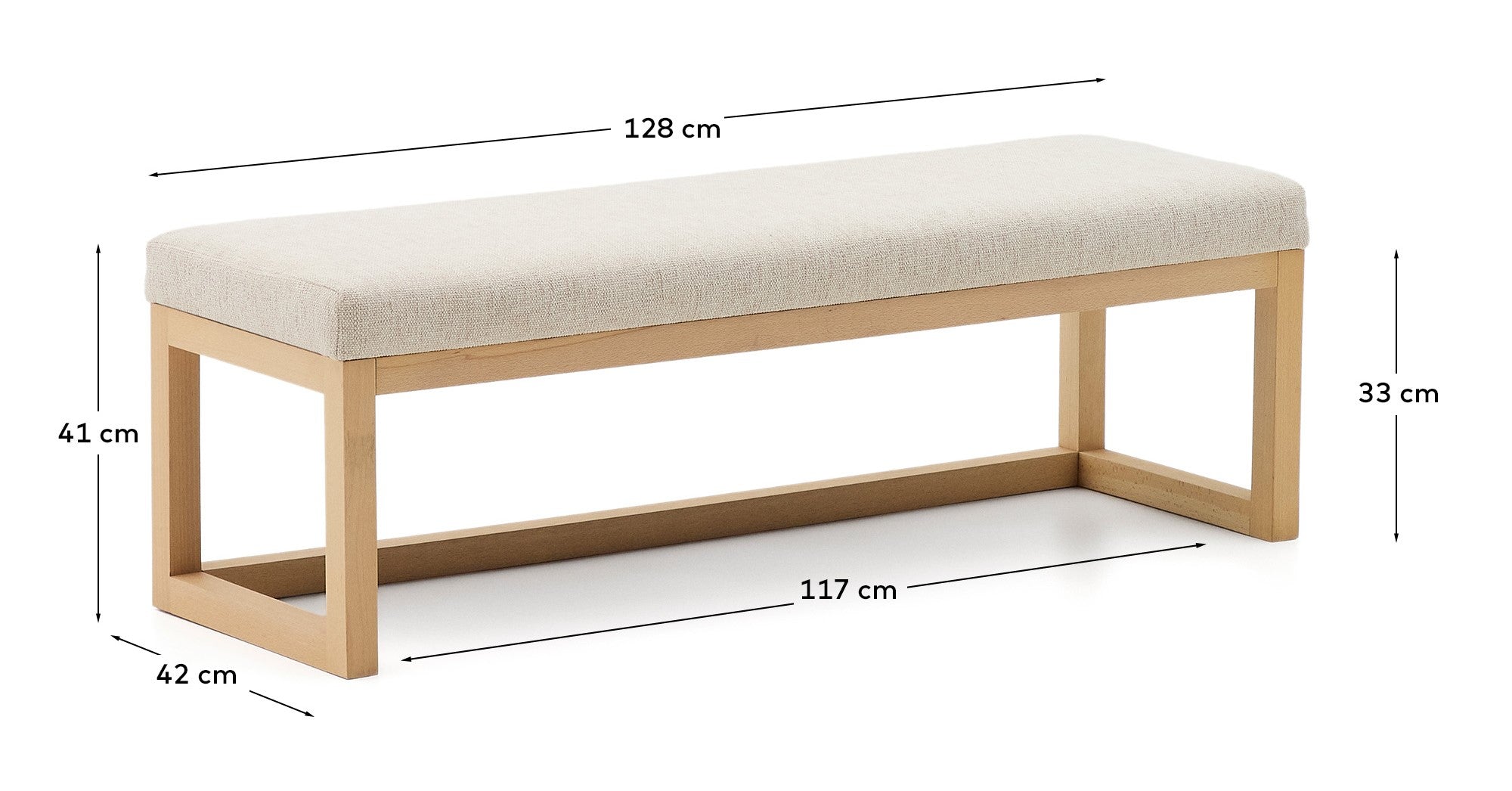Loya bench in beige chenille and beech wood 128cm - Measurements