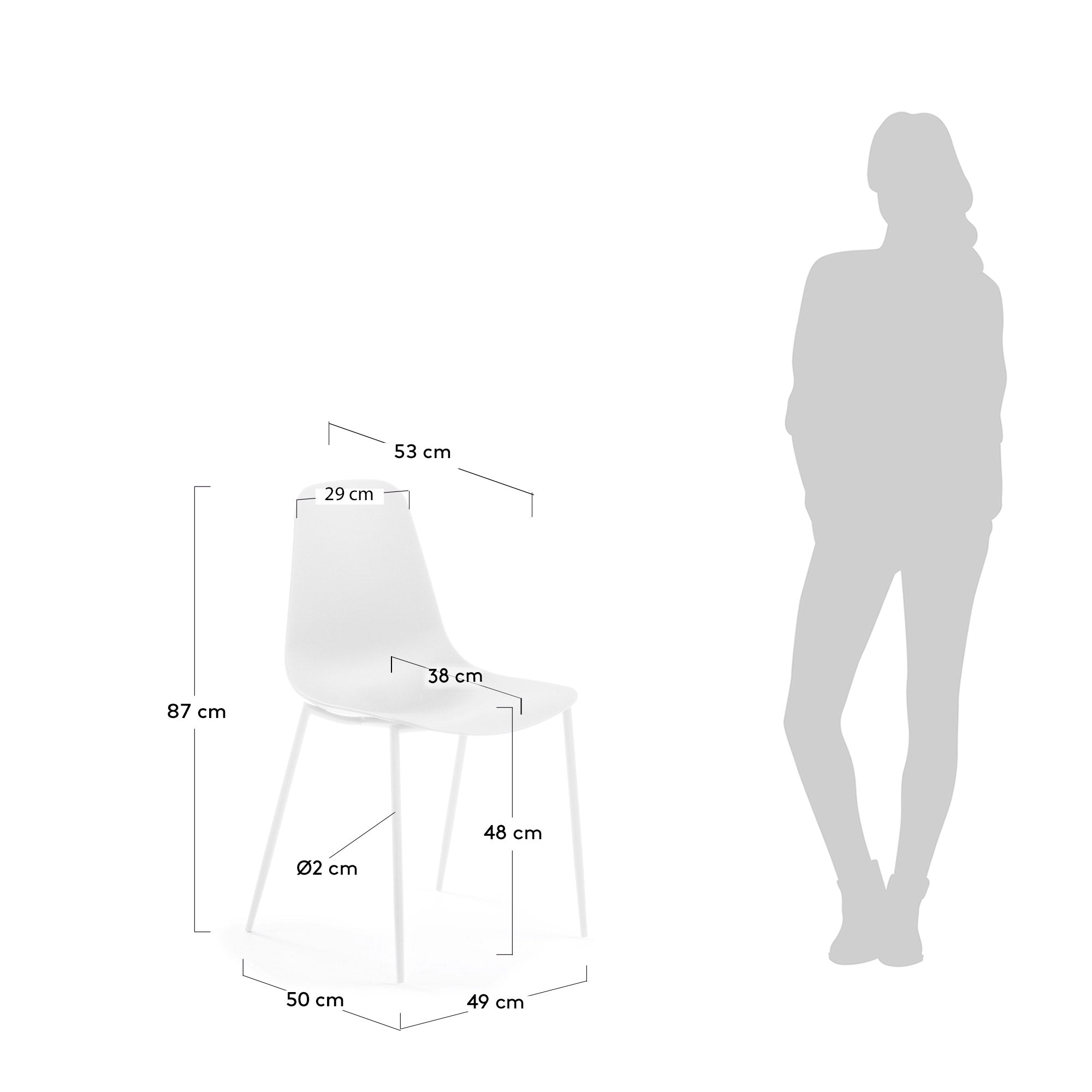 Whatts chair with steel legs in white finnish - Measurements