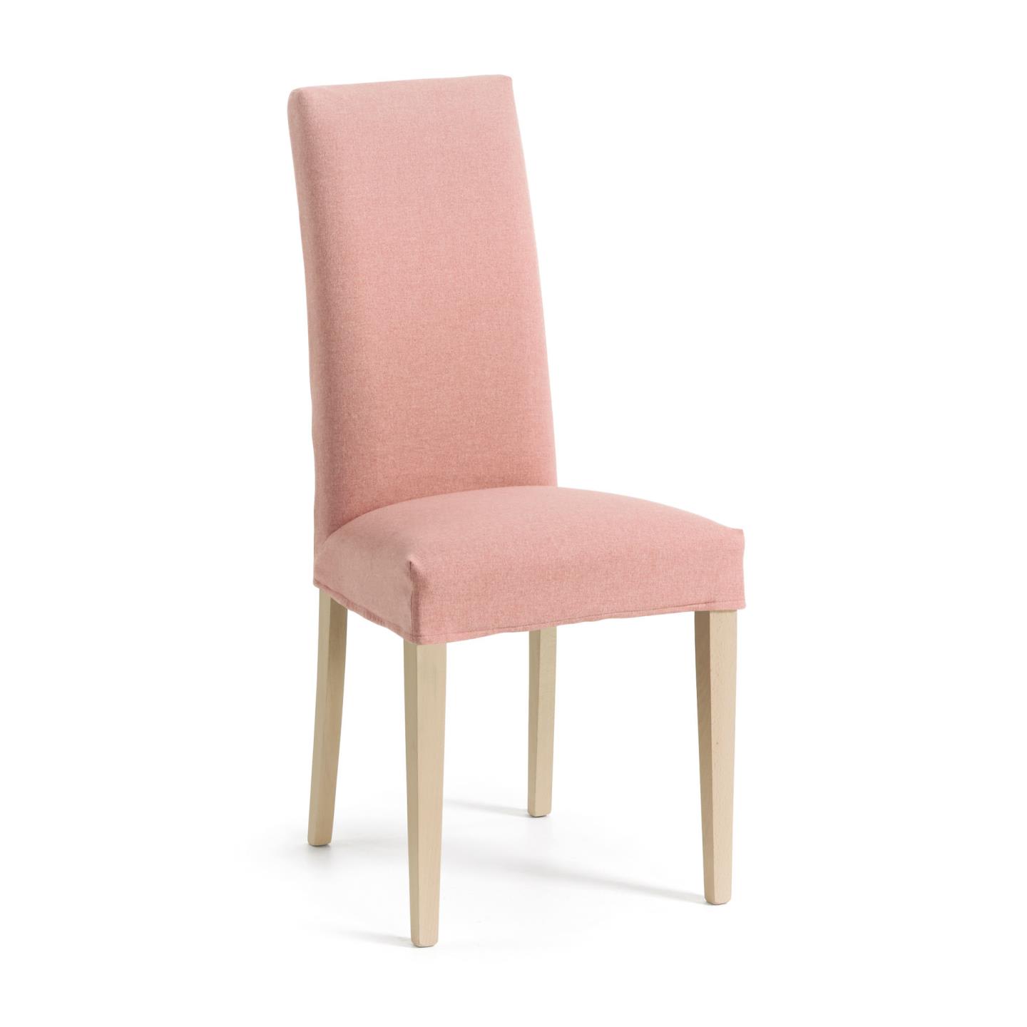 Pink Freda chair with solid beech wood legs, natural finish