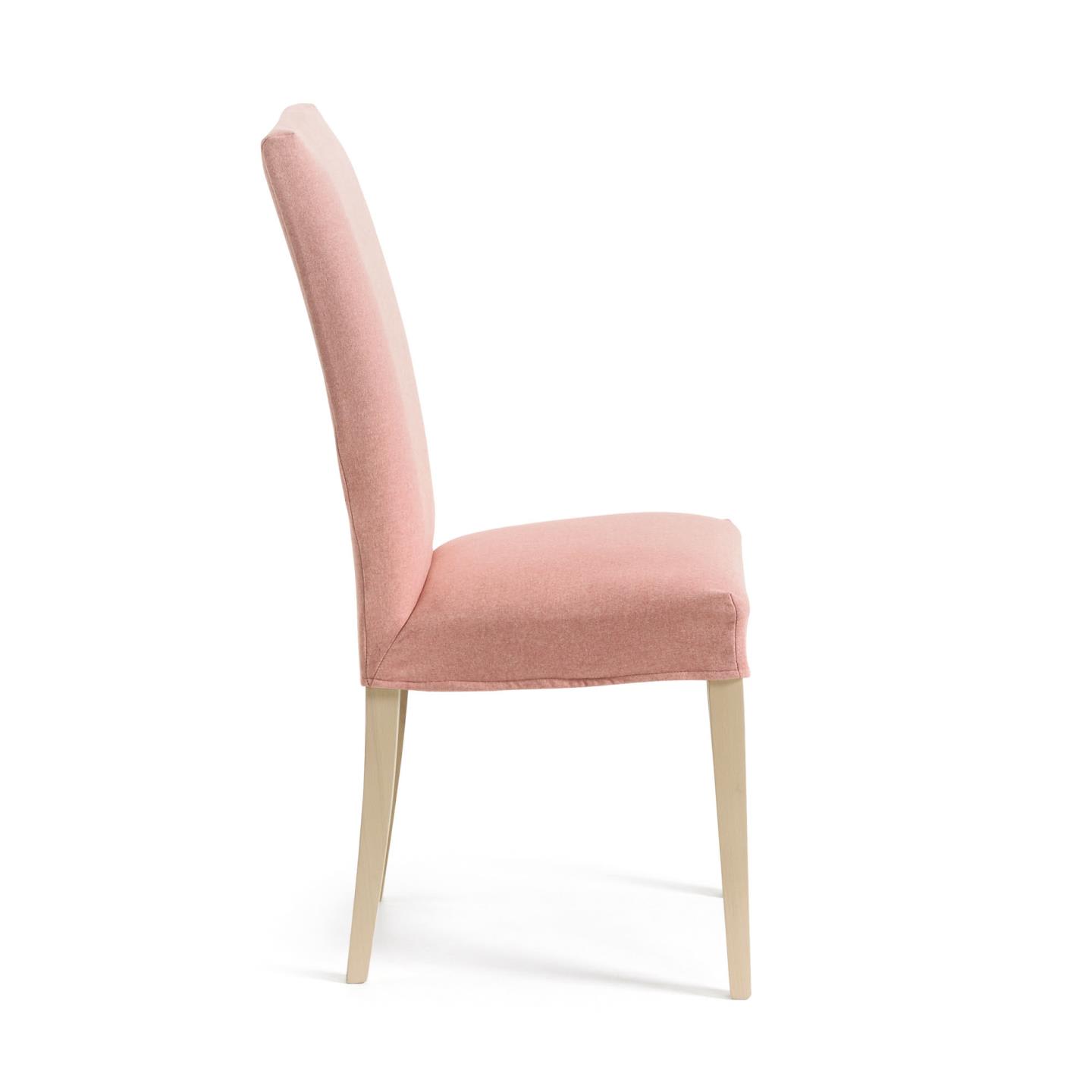 Pink Freda chair with solid beech wood legs, natural finish