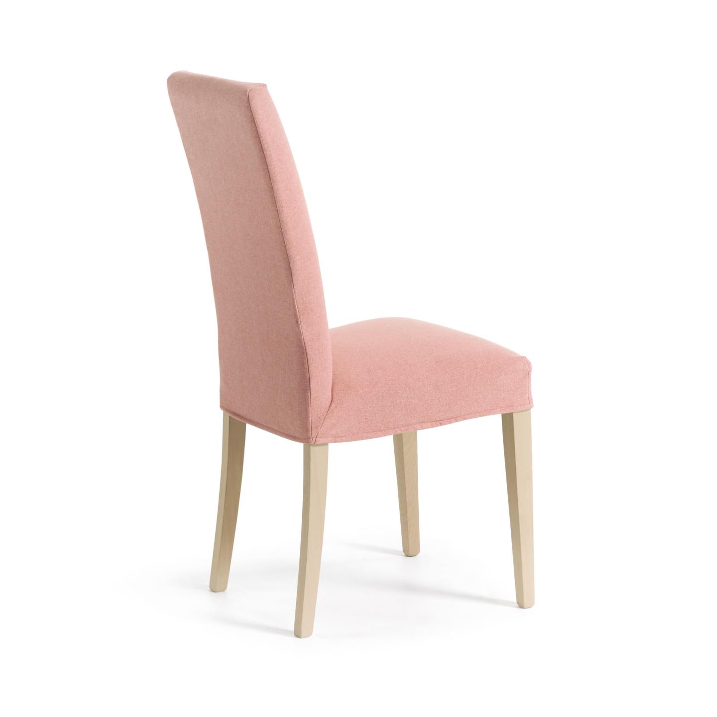 Pink Freda chair with solid beech wood legs, natural finish