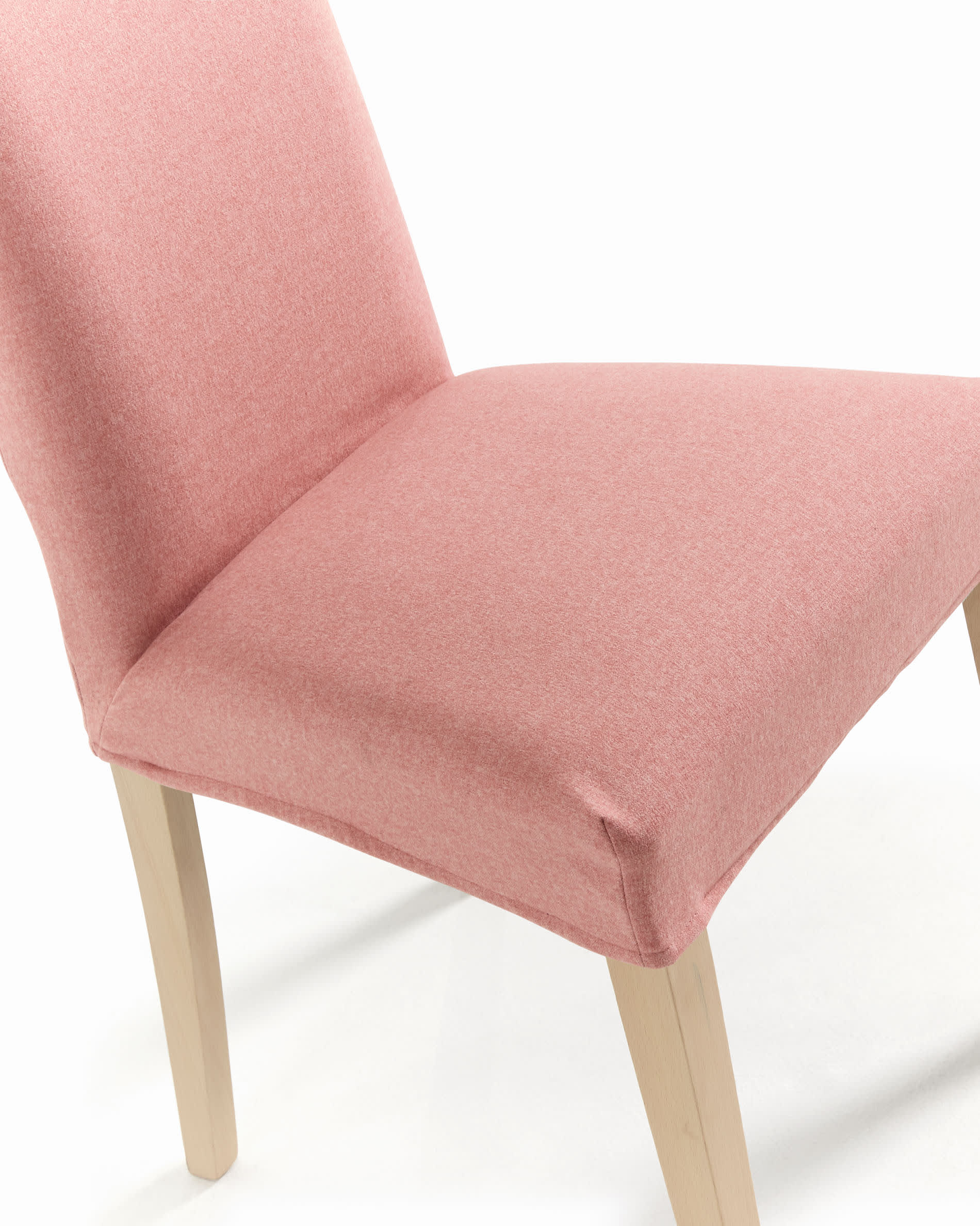 Pink Freda chair with solid beech wood legs, natural finish