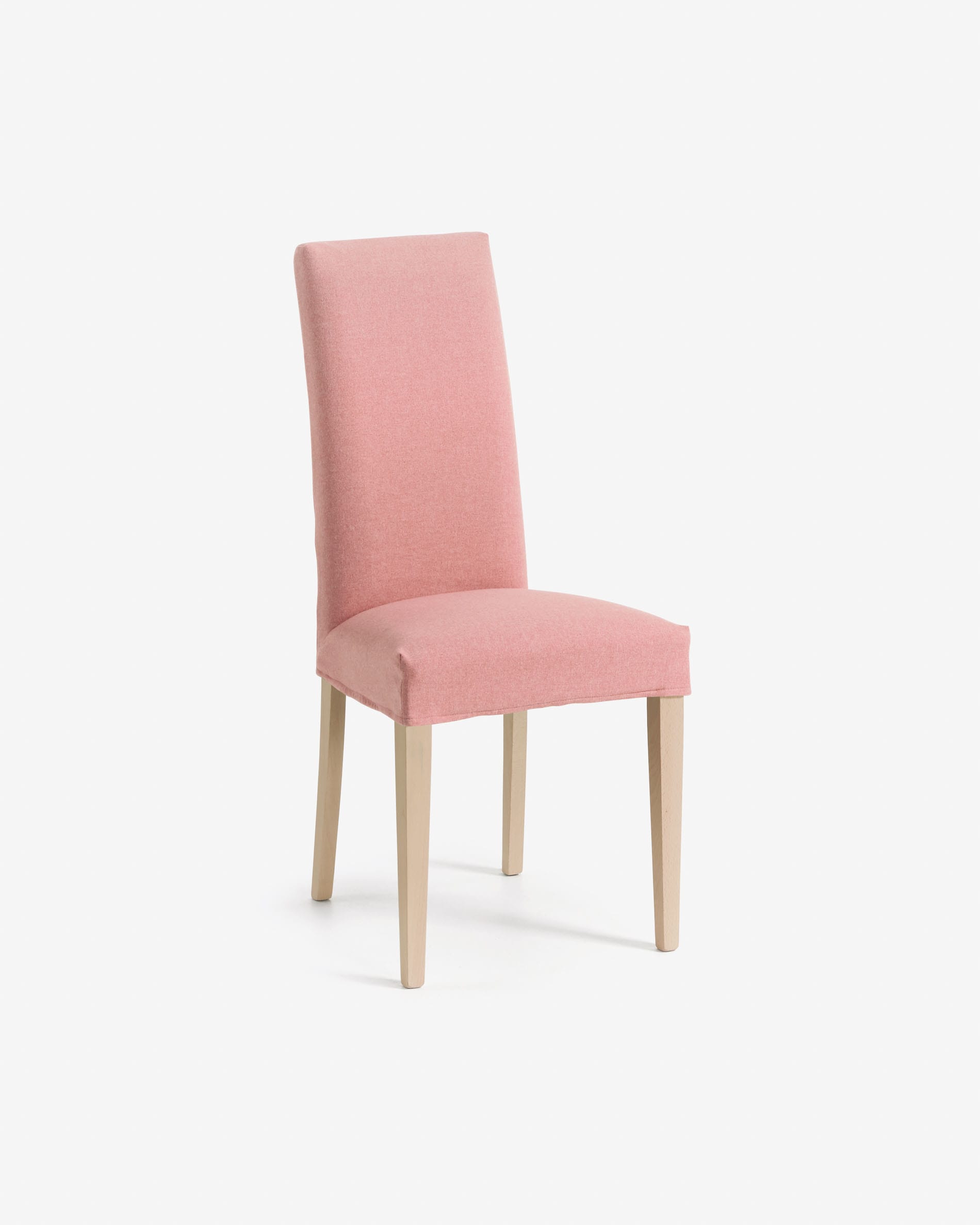 Pink Freda chair with solid beech wood legs, natural finish