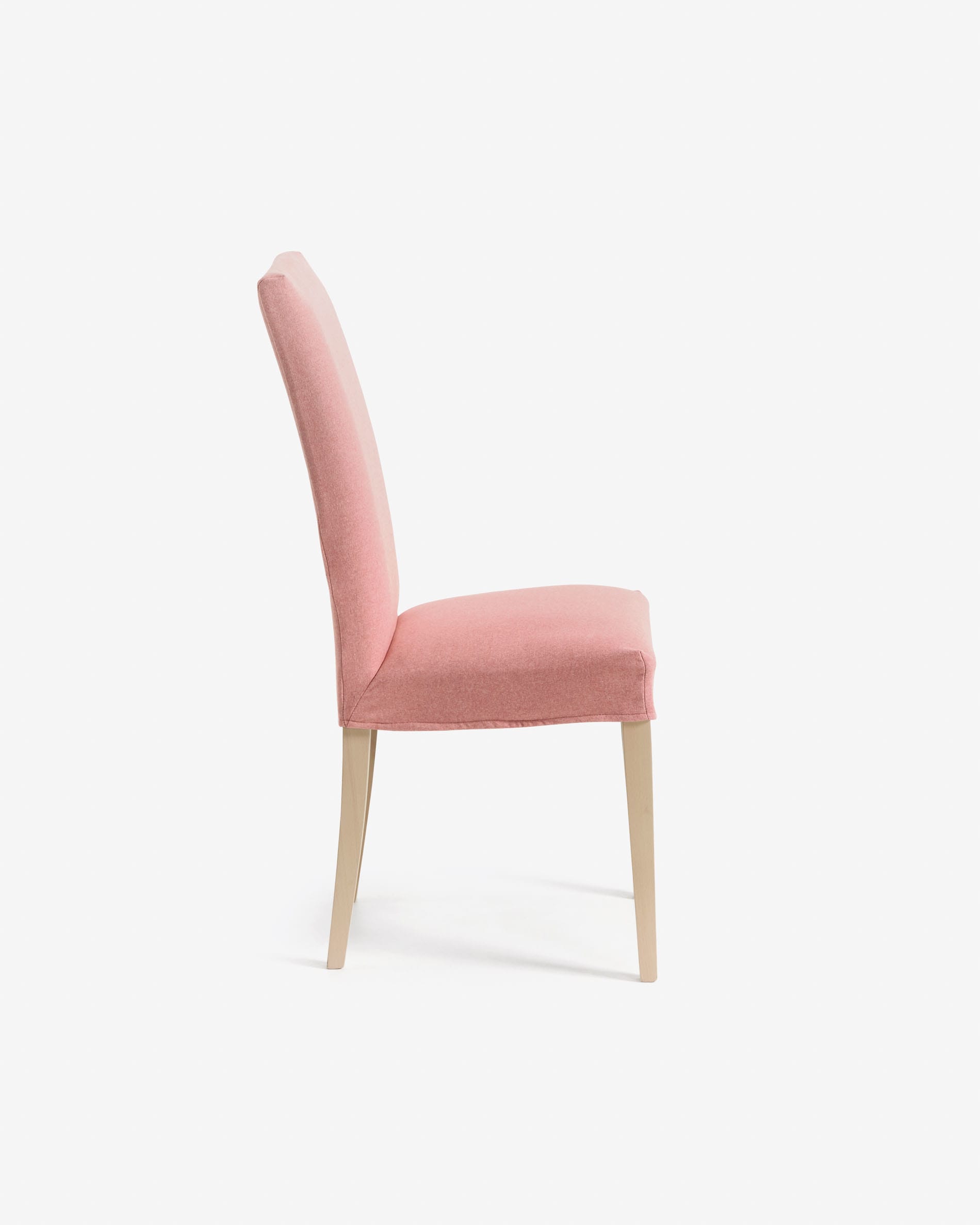 Pink Freda chair with solid beech wood legs, natural finish