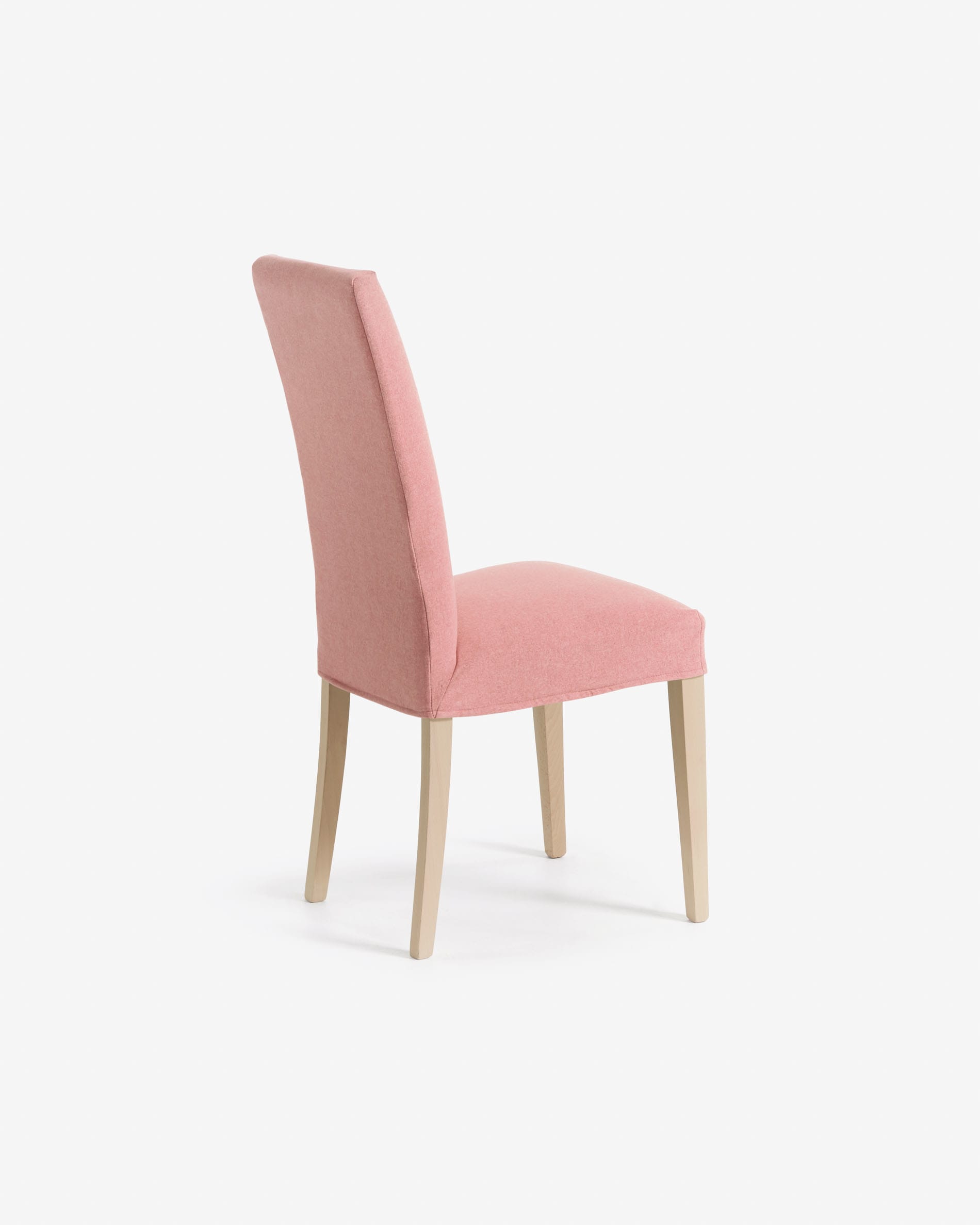 Pink Freda chair with solid beech wood legs, natural finish