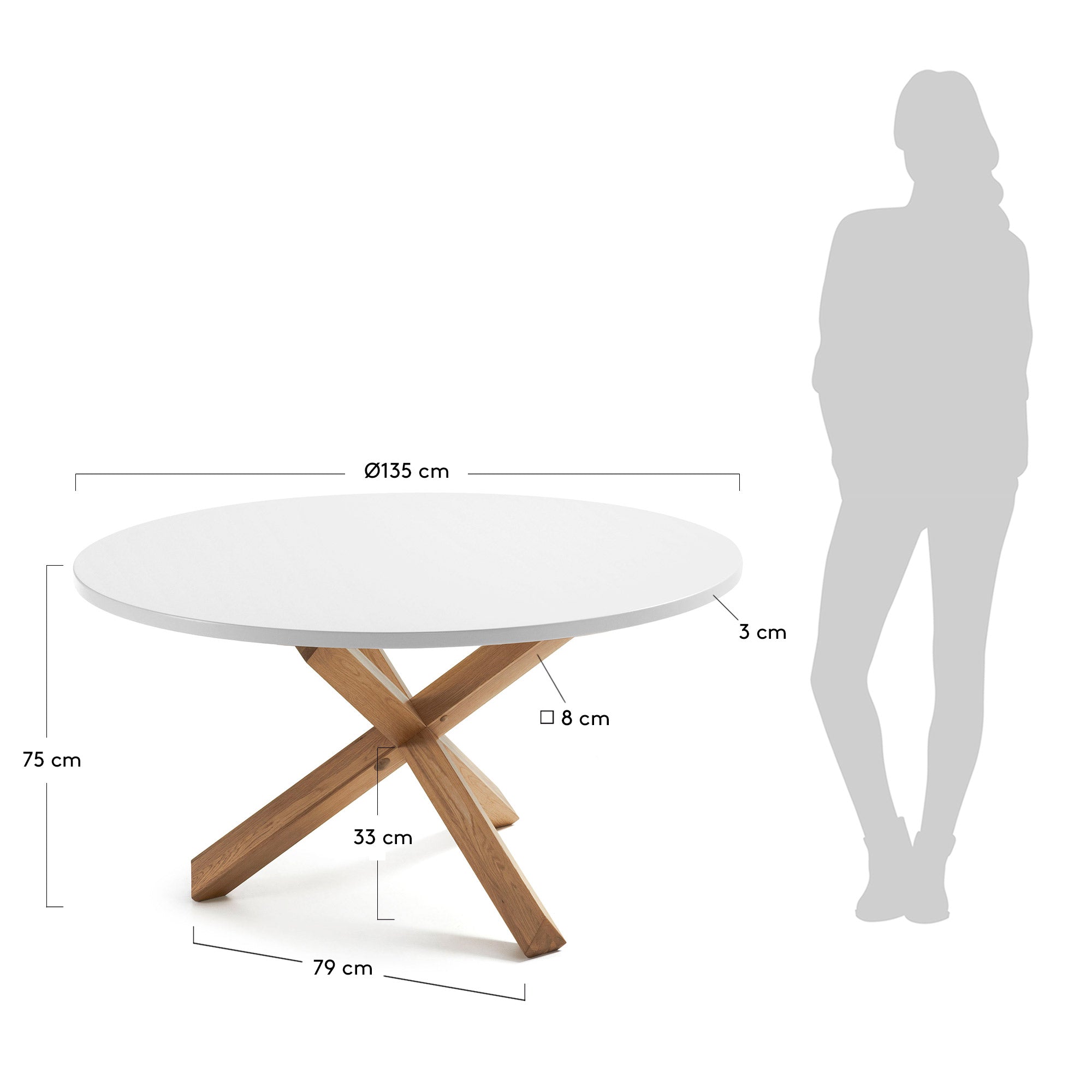 Lotus table in white with solid oak legs, Ø 135 cm - Measurements