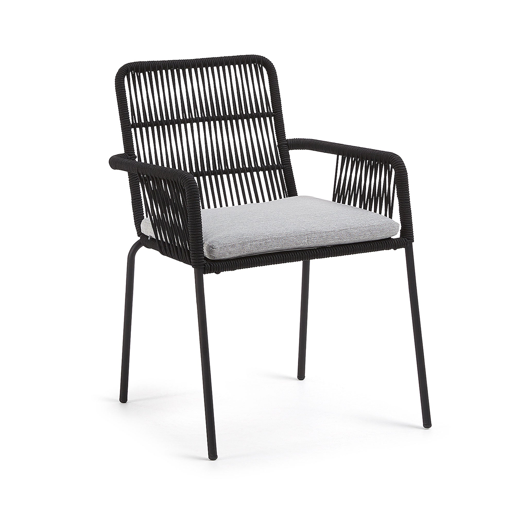 Samanta stackable chair made from black cord and galvanised steel legs. - Product Image