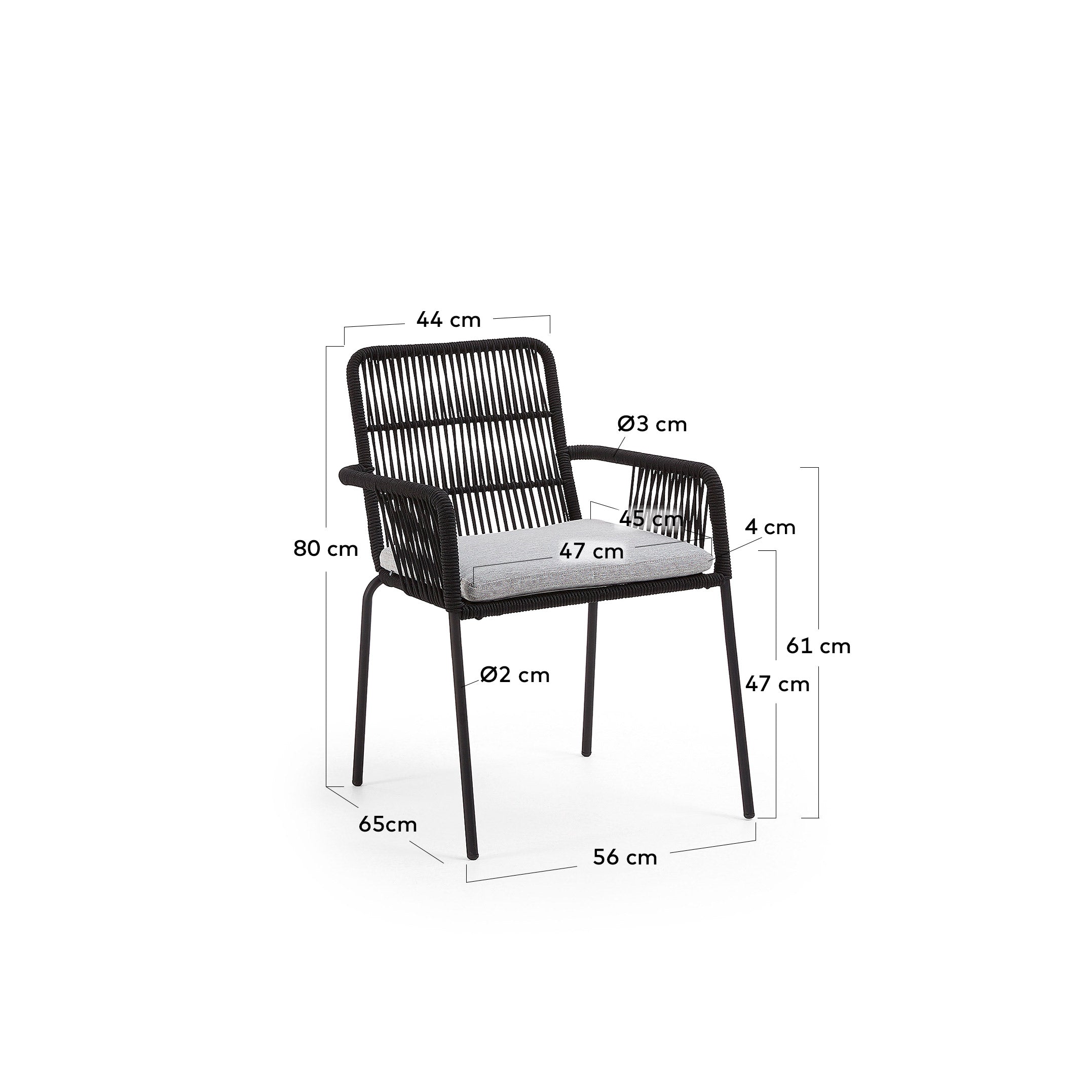 Samanta stackable chair made from black cord and galvanised steel legs. - Measurements
