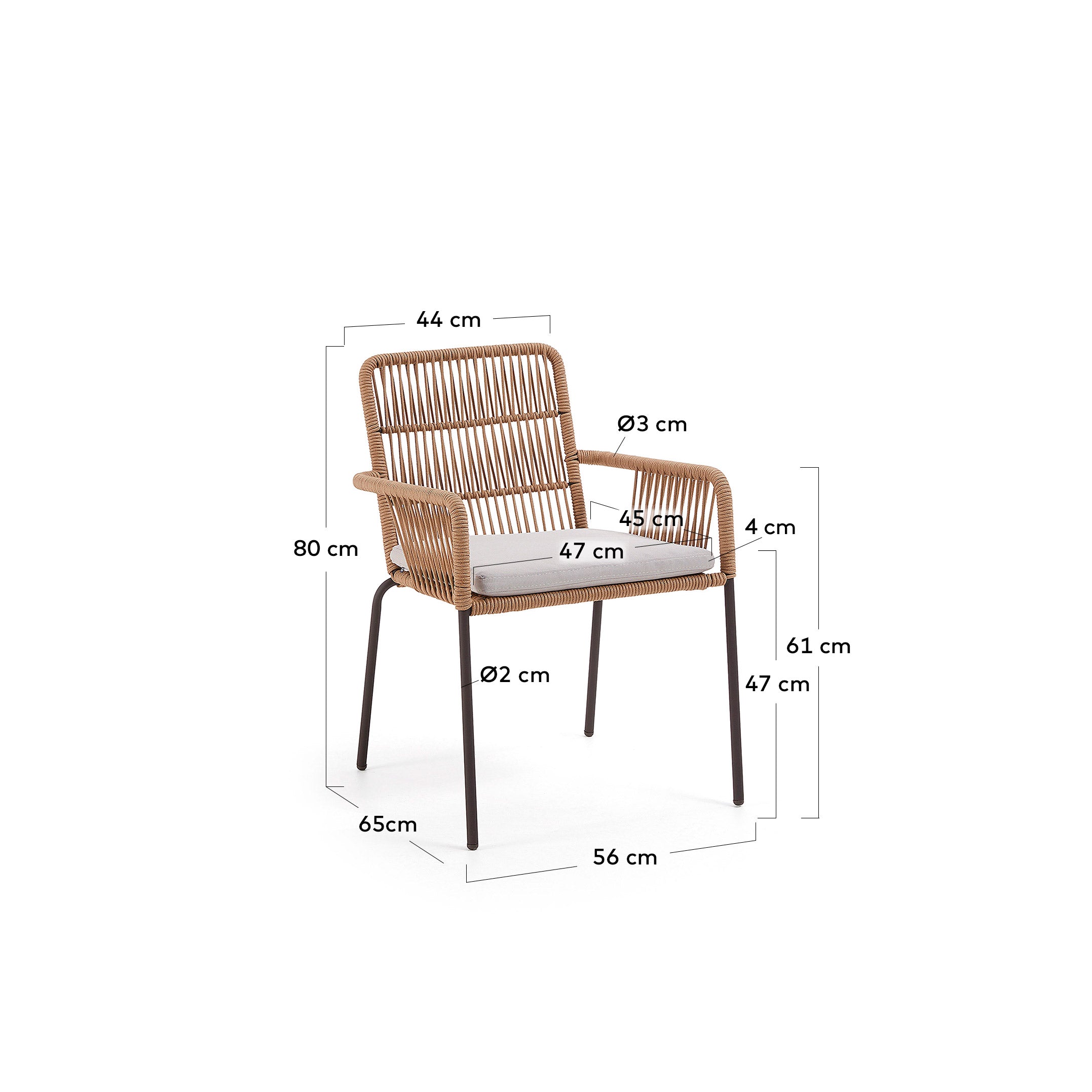 Samanta stackable chair made from beige cord and galvanised steel legs. - Measurements