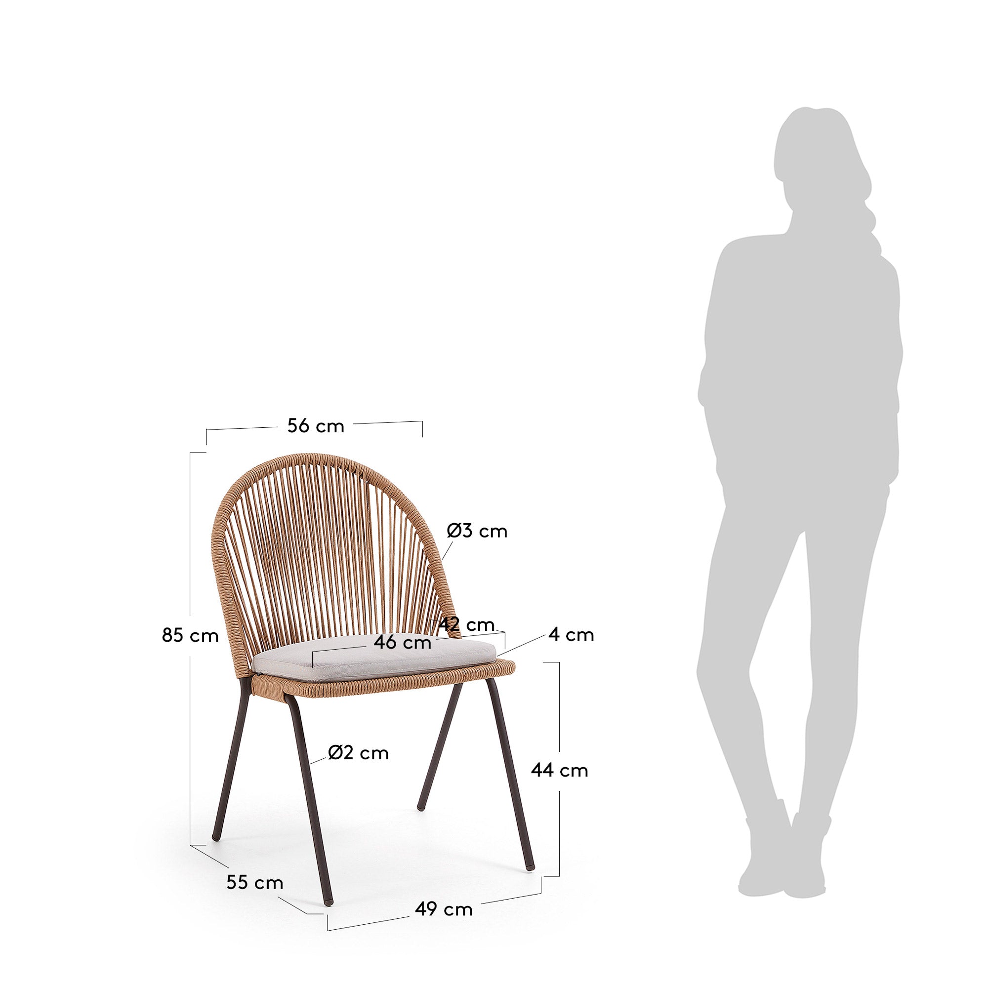Shann stackable chair in beige cord and galvanised steel legs - Measurements