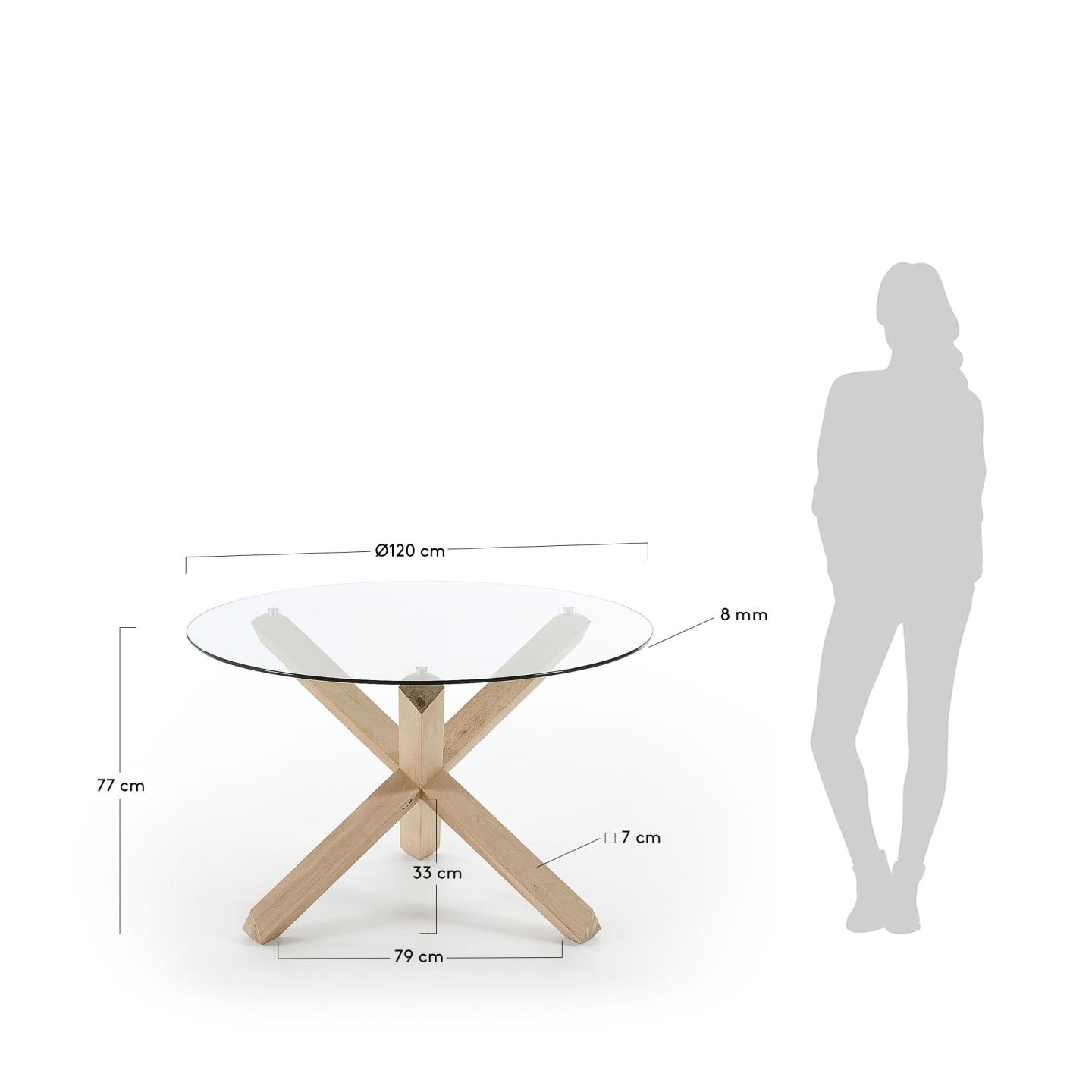 Lotus round glass table with solid oak legs, Ø 120 cm - Measurements