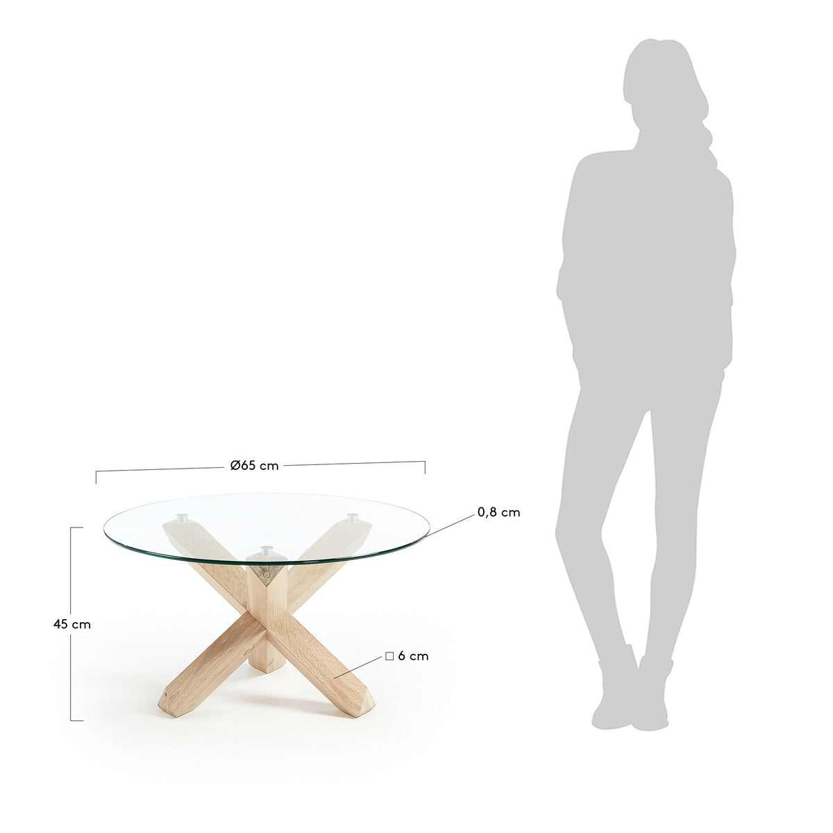 Lotus glass top coffee table with solid oak wood legs, Ø 65 cm - Measurements