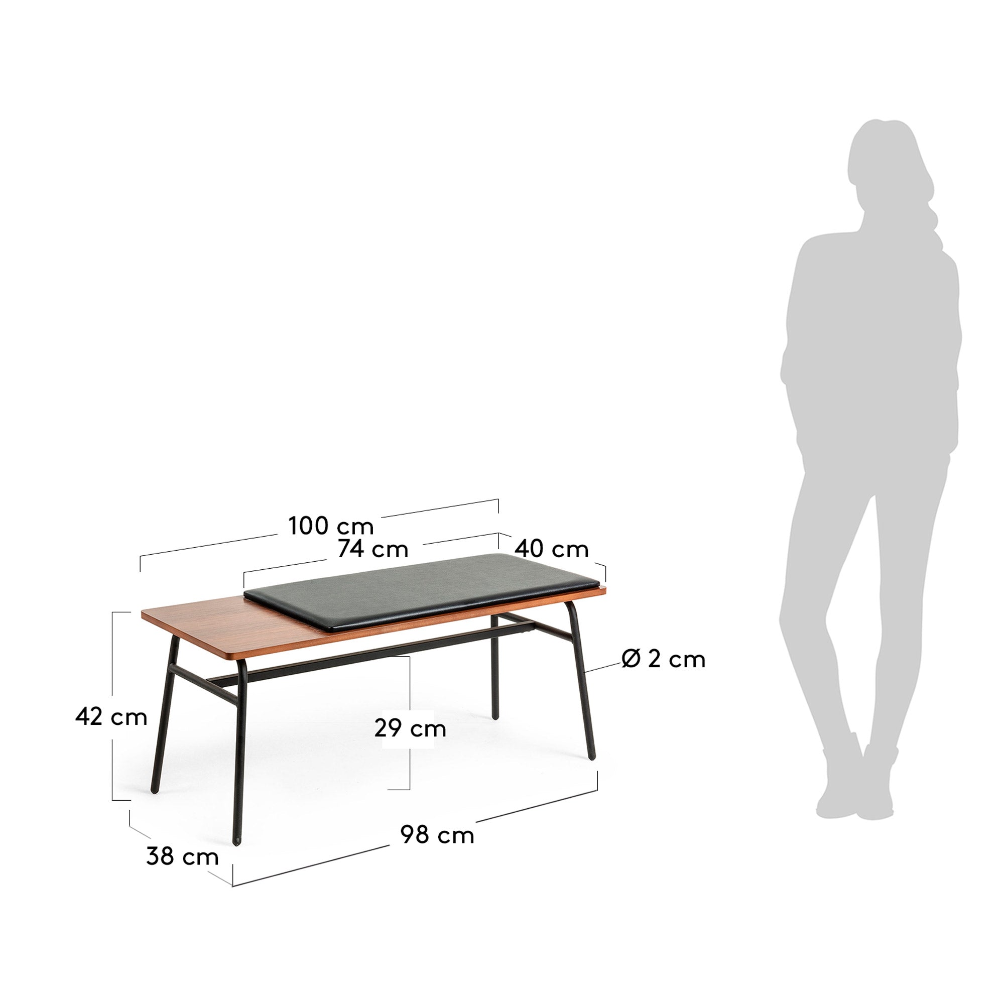 Carabel bench in steel and walnut veneer, 100 cm - Measurements