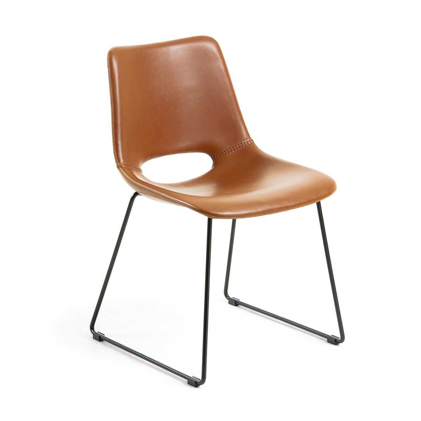 Zahara synthetic leather brown chair with steel legs with black finish - Product Image