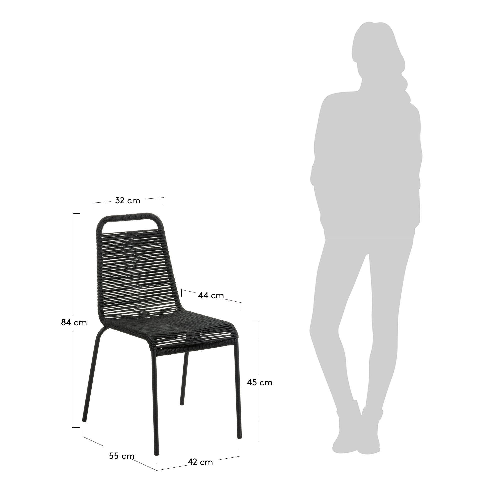 Lambton stackable chair in black rope steel with black finish - Measurements