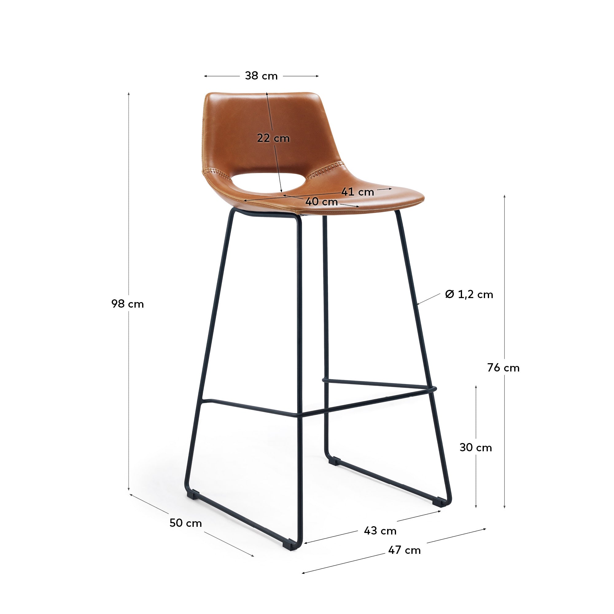 Brown synthetic leather Zahara barstool height 76 cm - Measurements
