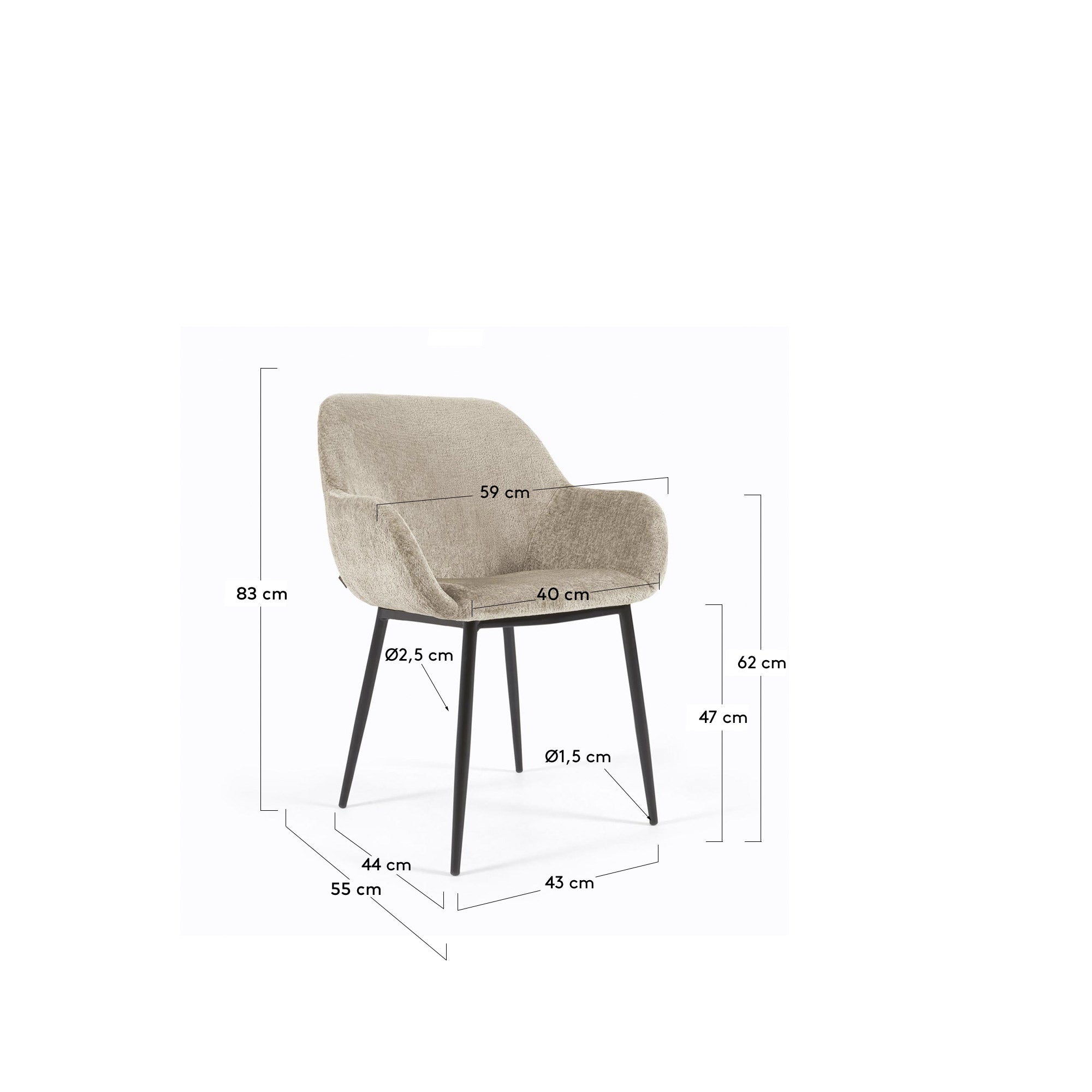 Konna chair in beige chenille with steel legs and painted black finish FR - Measurements