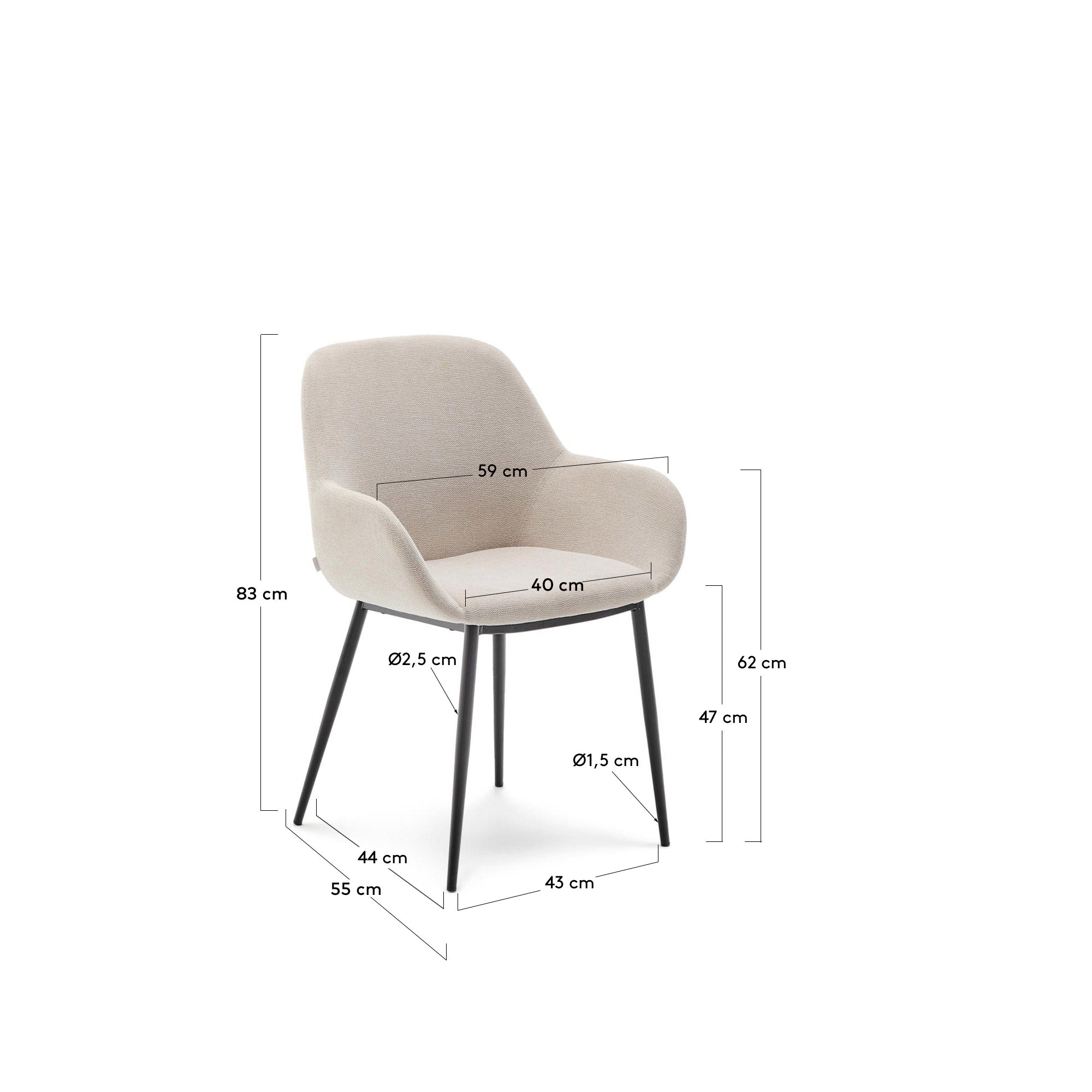 Konna chair in beige and steel legs in a painted black finish - Measurements