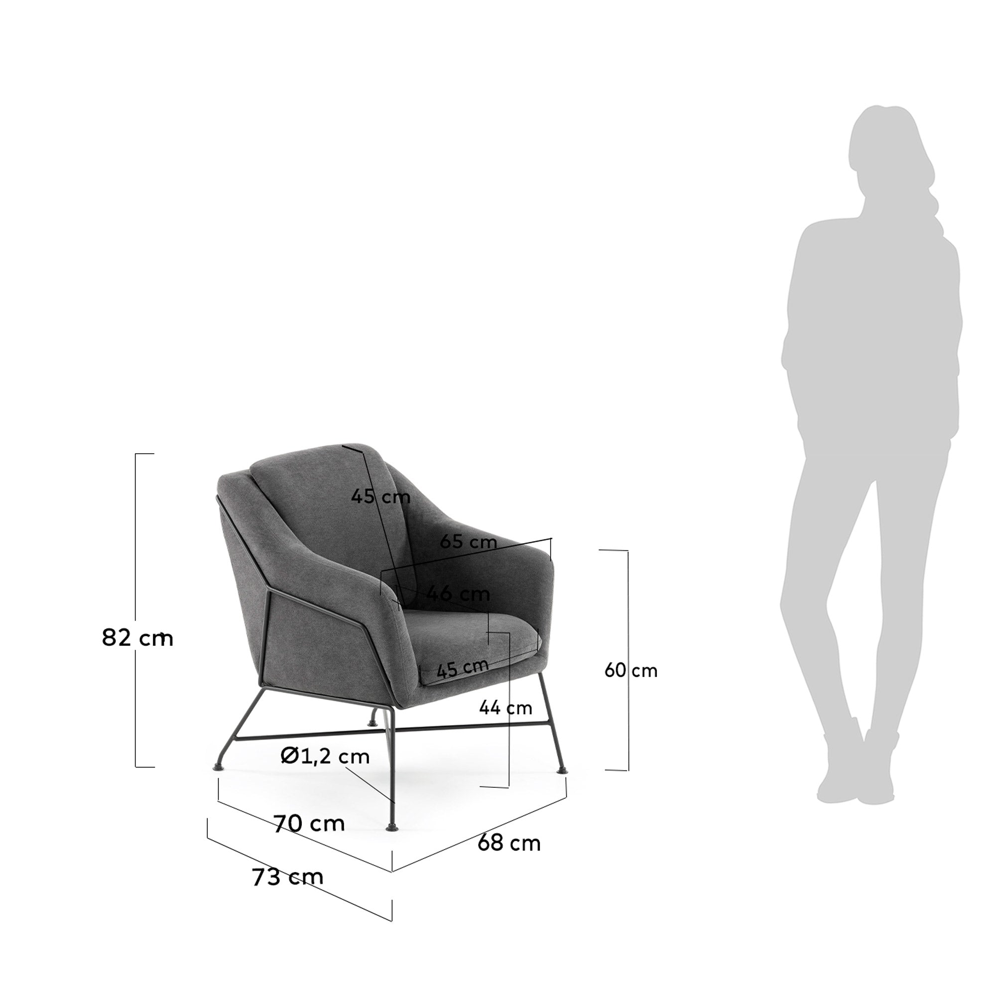 Brida armchair in dark grey with steel structure in black finish. - Measurements