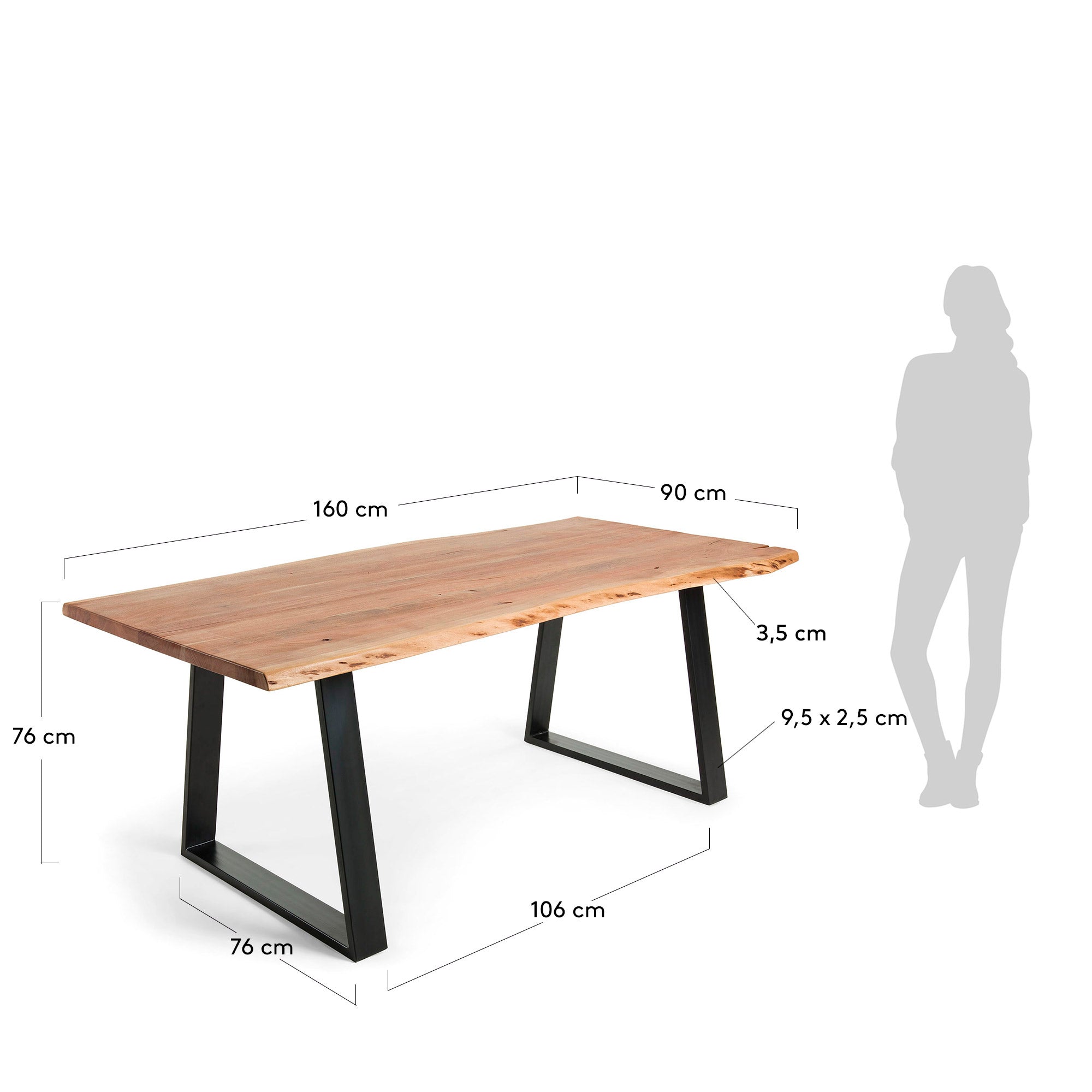 Alaia table in solid acacia wood with natural finish, 160 x 90 cm - Measurements