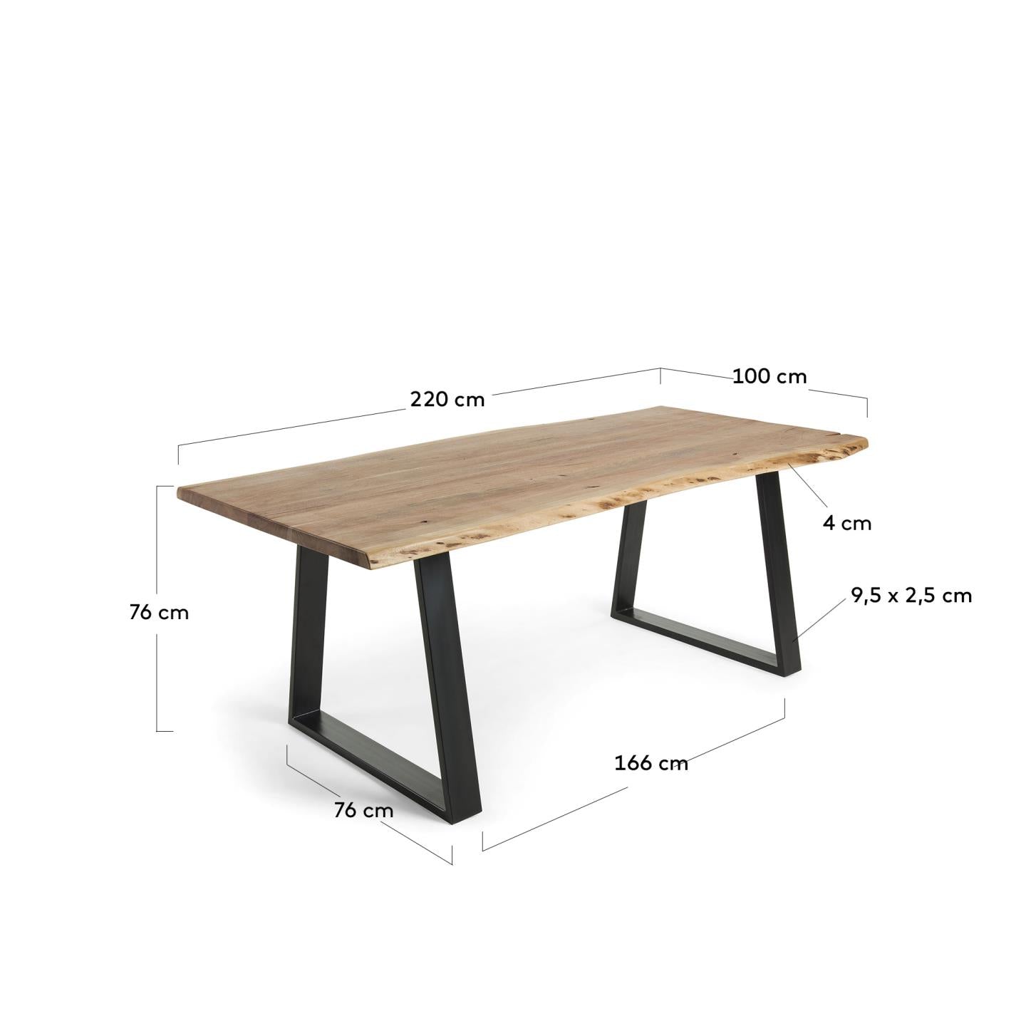 Alaia table in solid acacia wood with natural finish, 220 x 100 cm - Measurements